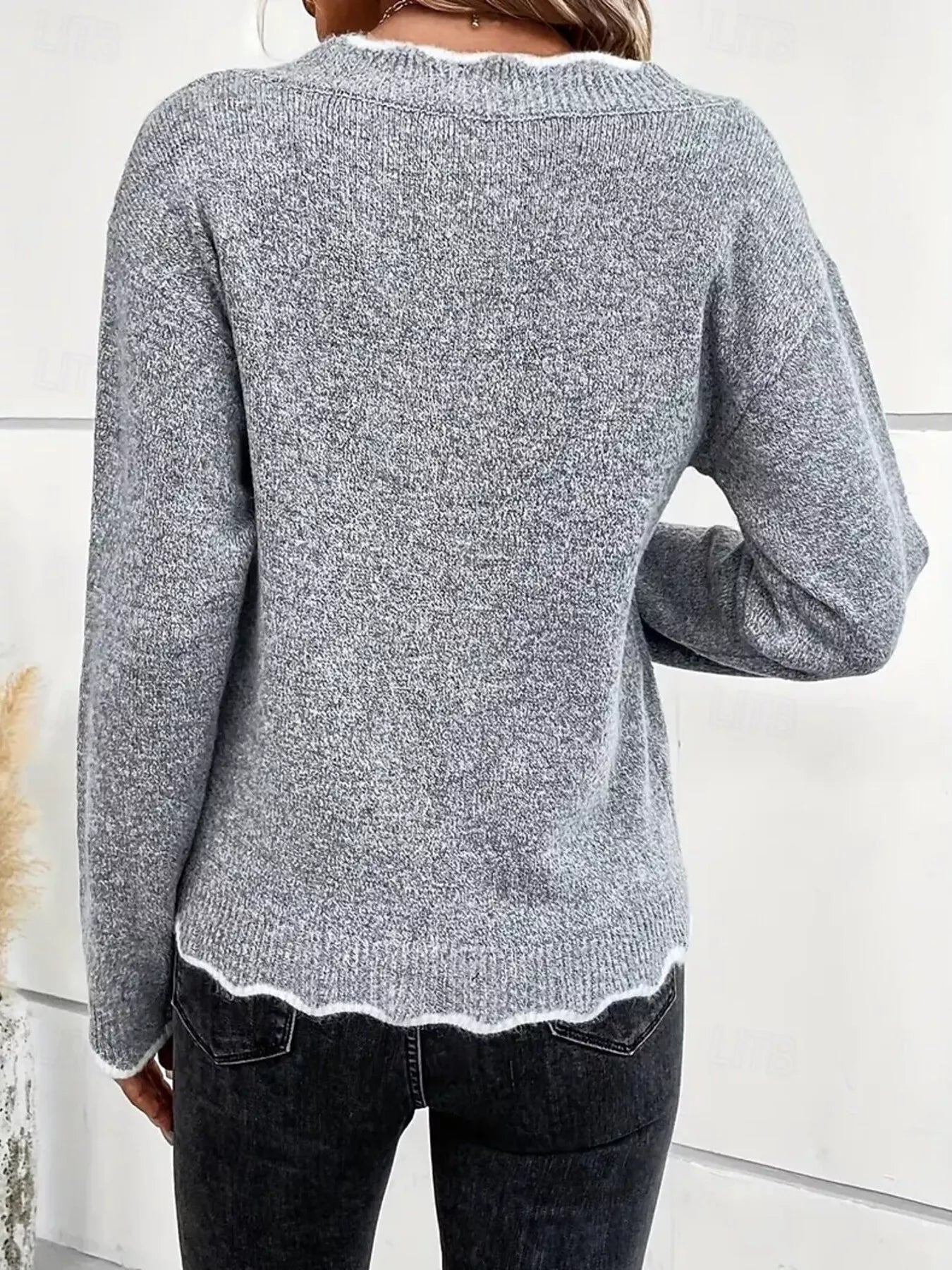 Full Size Scalloped Trim V-Neck Sweater Plus Size