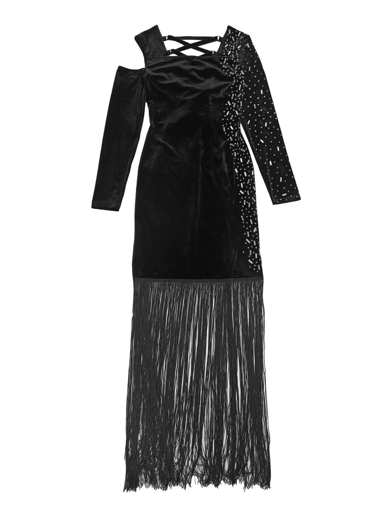 Asymmetrical Rhinestone Fringe Dress
