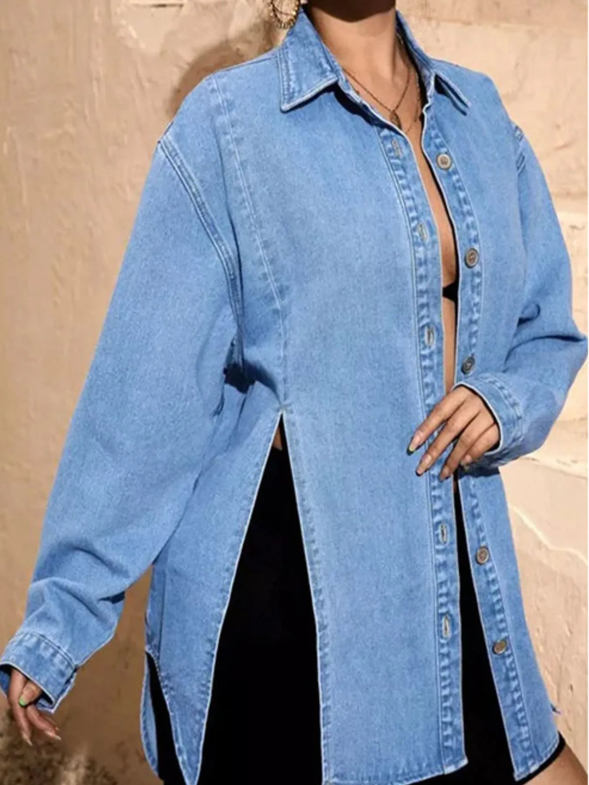 Slit Button Up Denim Shirt