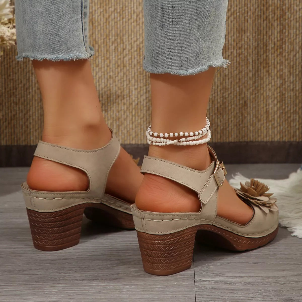 Floral Decor Buckle Ankle Strap Block Heel Sandals