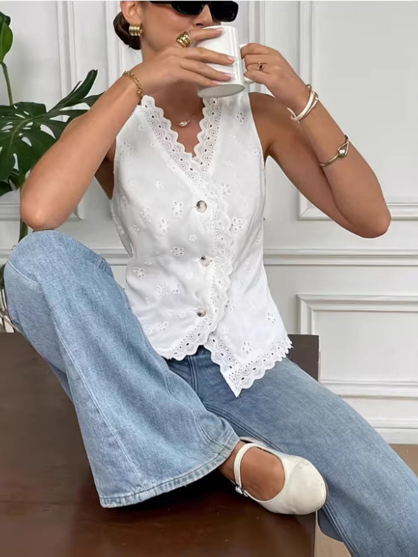 Eyelet Embroidered Button-Front Tank