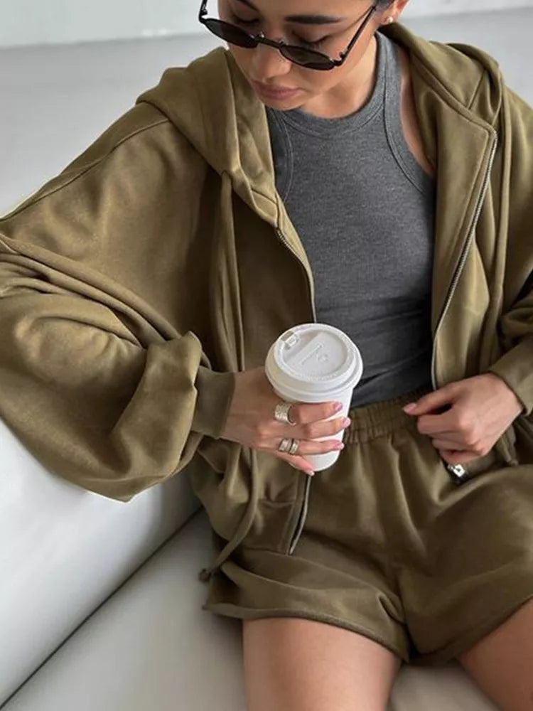 Oversized Zip-Up Hoodie and Shorts Set