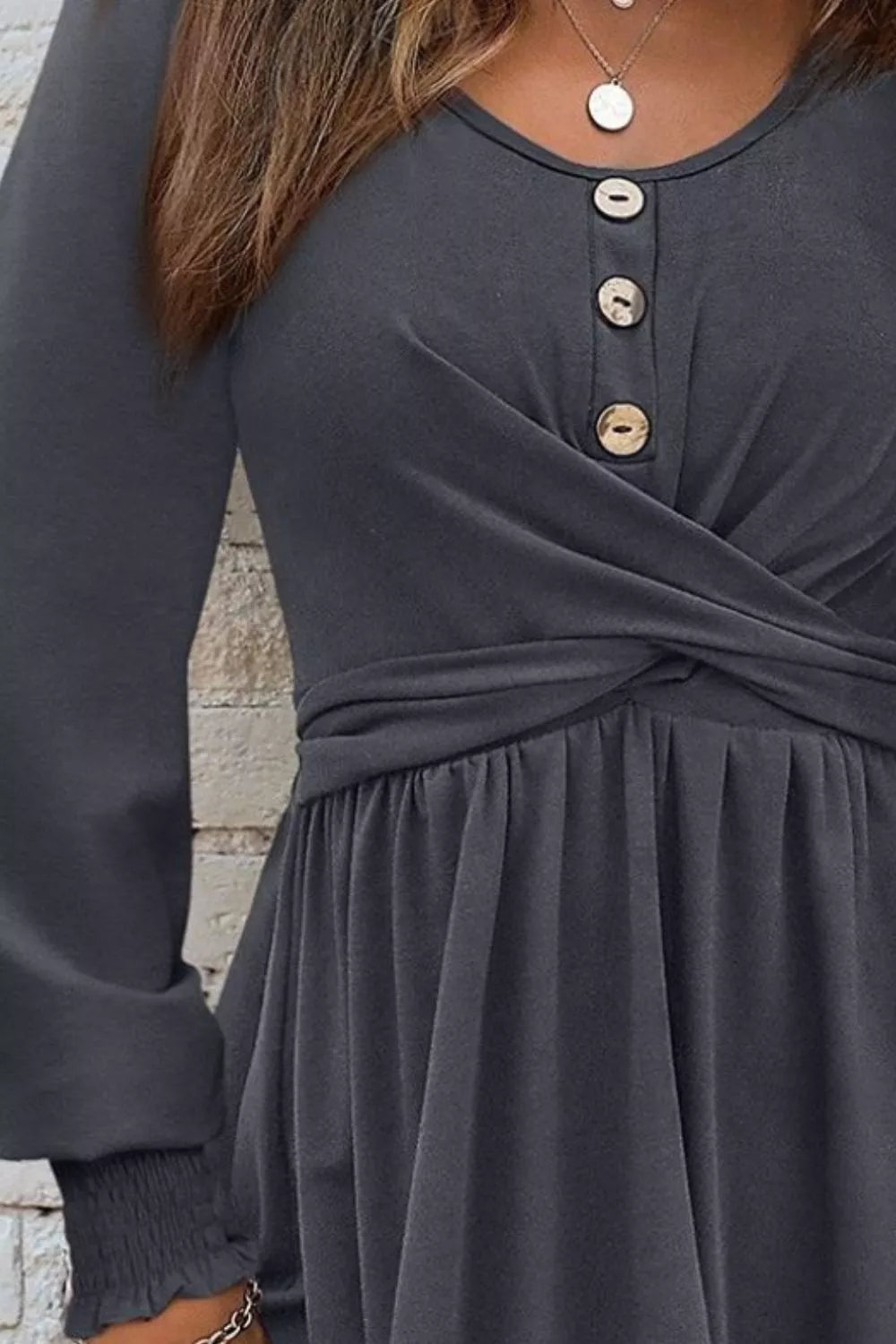 Shirred Cuff Long Sleeve Button Round Neck Mini Dress
