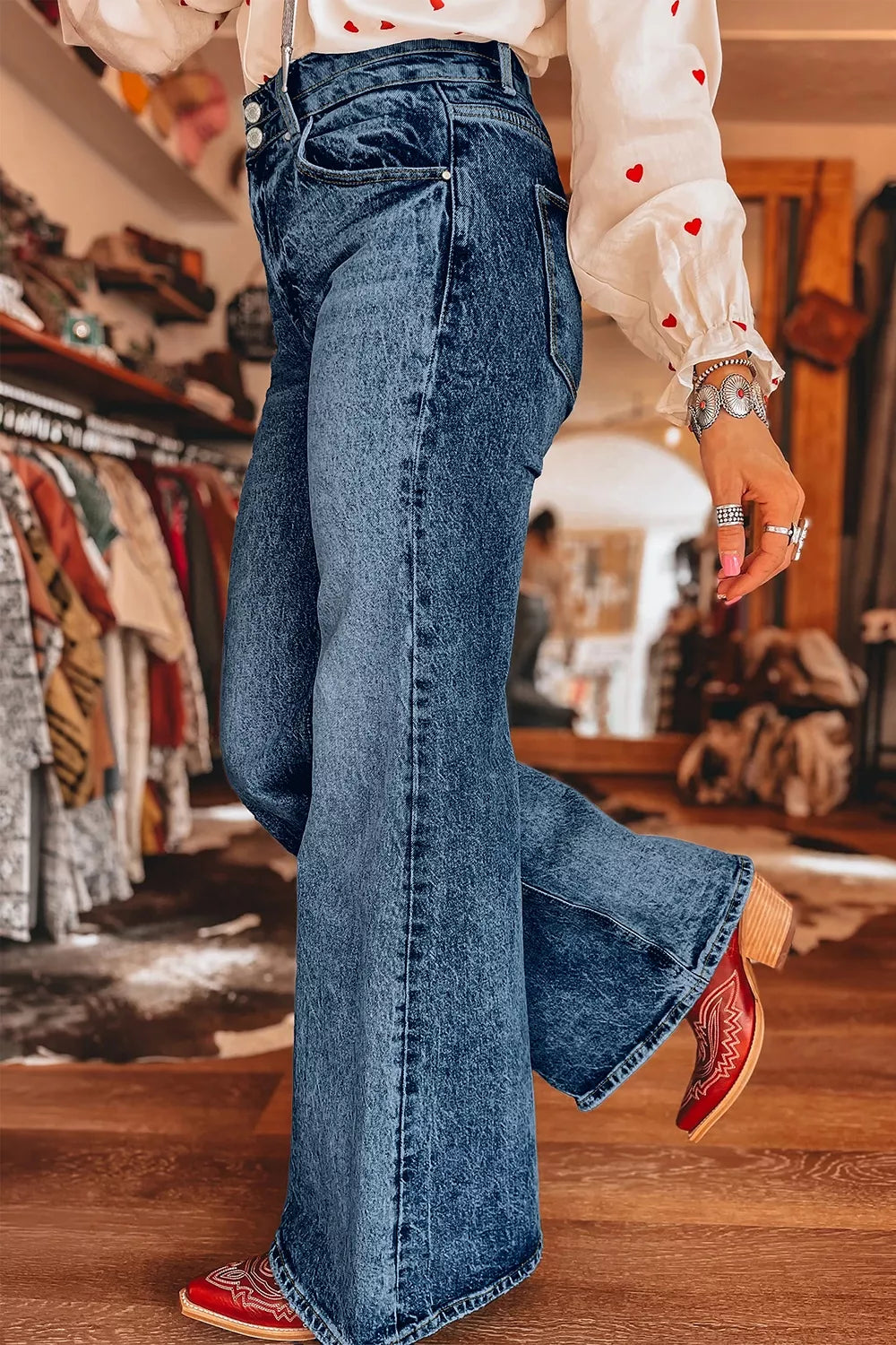 Acid Wash Pocket Detail Flare Jeans