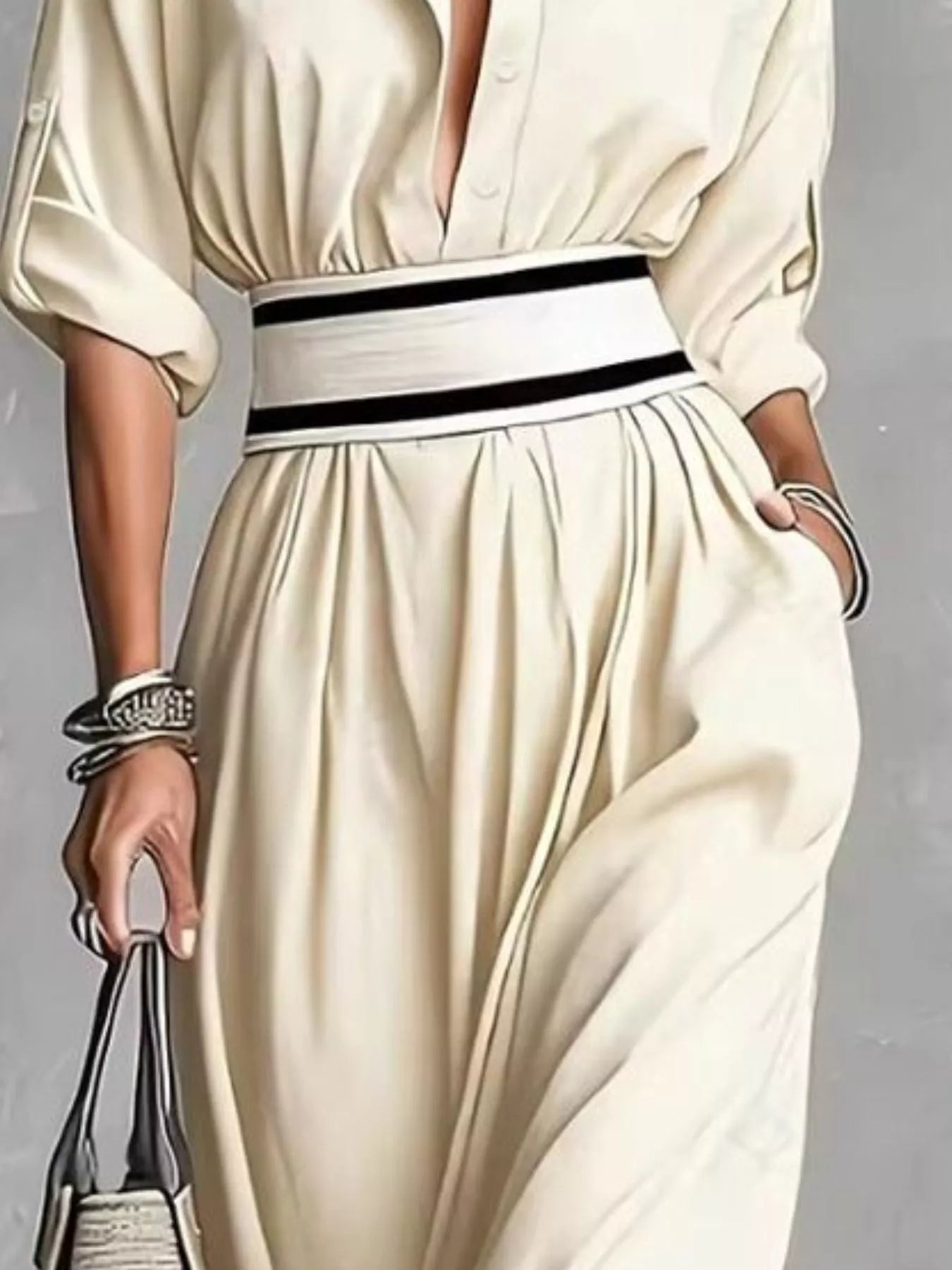 Slit Roll-Up Sleeve Maxi Dress