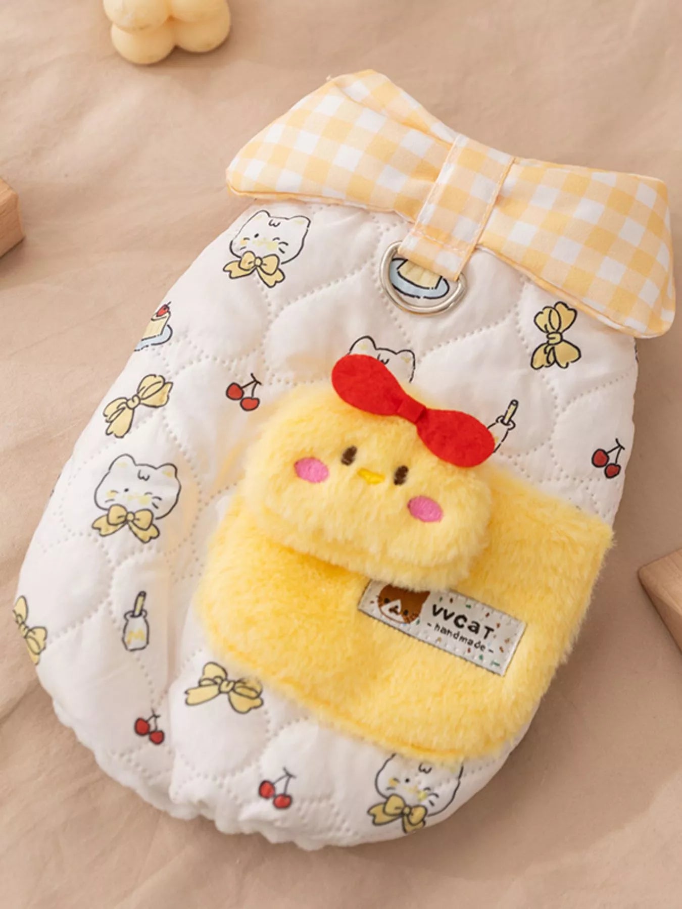 Cute Cartoon Print Padded Pet Jacket with Gingham Collar
