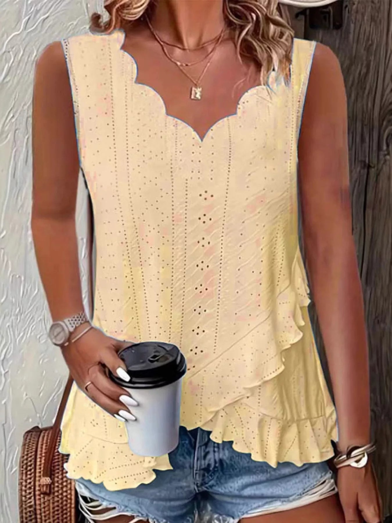 V-Neck Eyelet Ruffled Tank Top