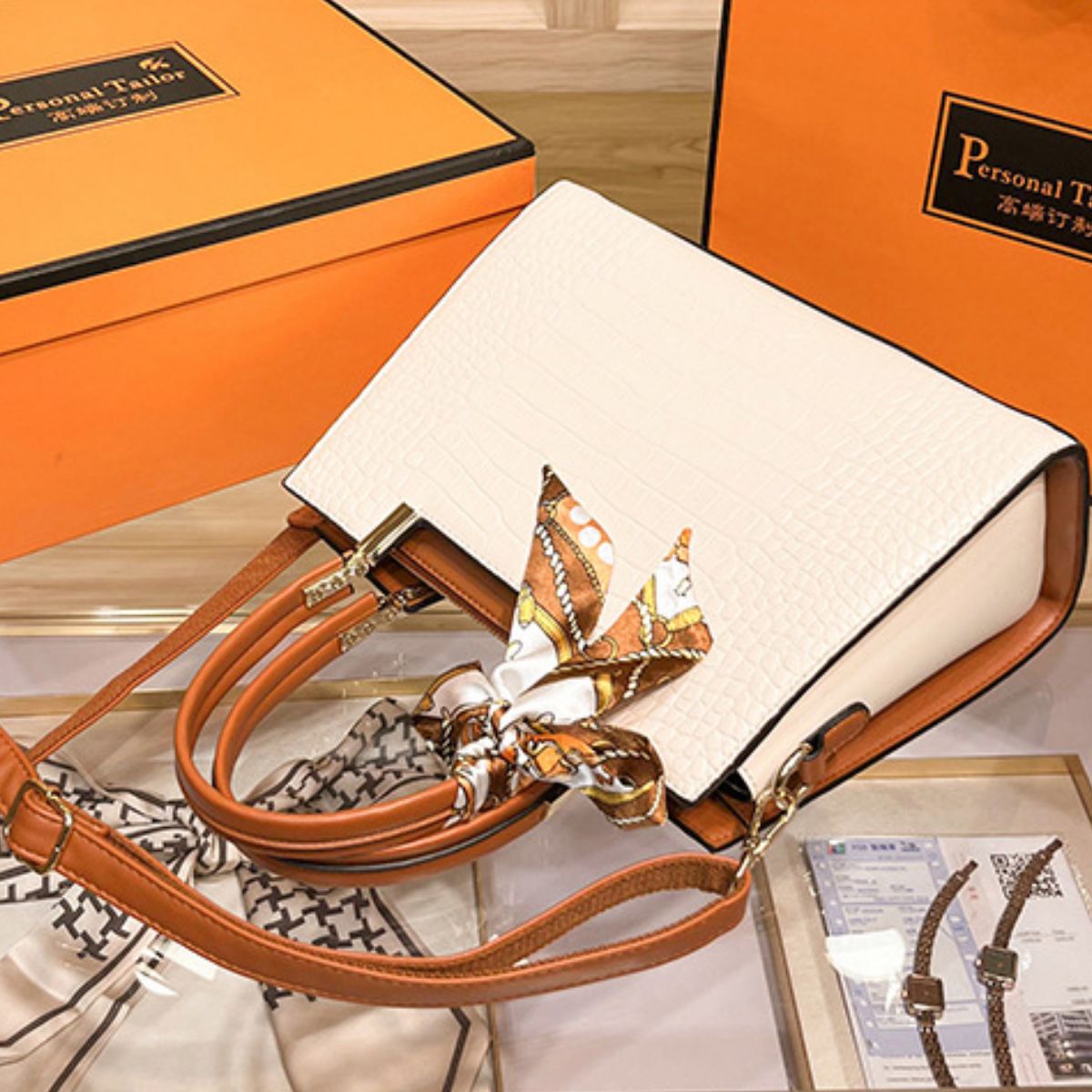 Crocodile Embossed Top Handle Handbag with Scarf