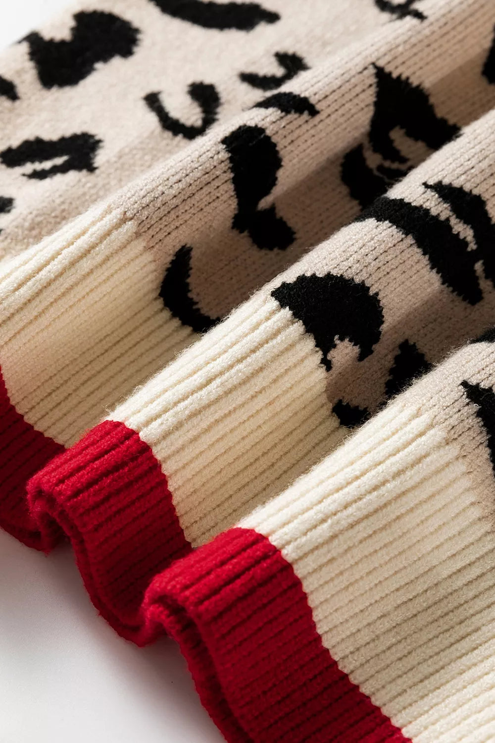 Leopard Pattern V-Neck Contrast Rib Knitted Sweater