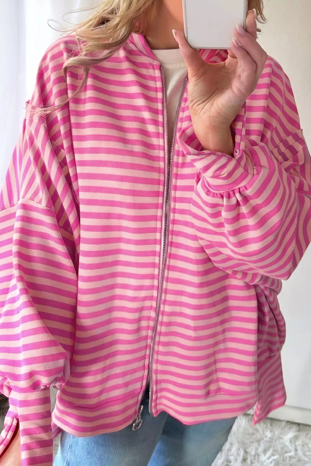 Stripe Striped Zip-up Open Front Loose Fit Regular Length Hoodie