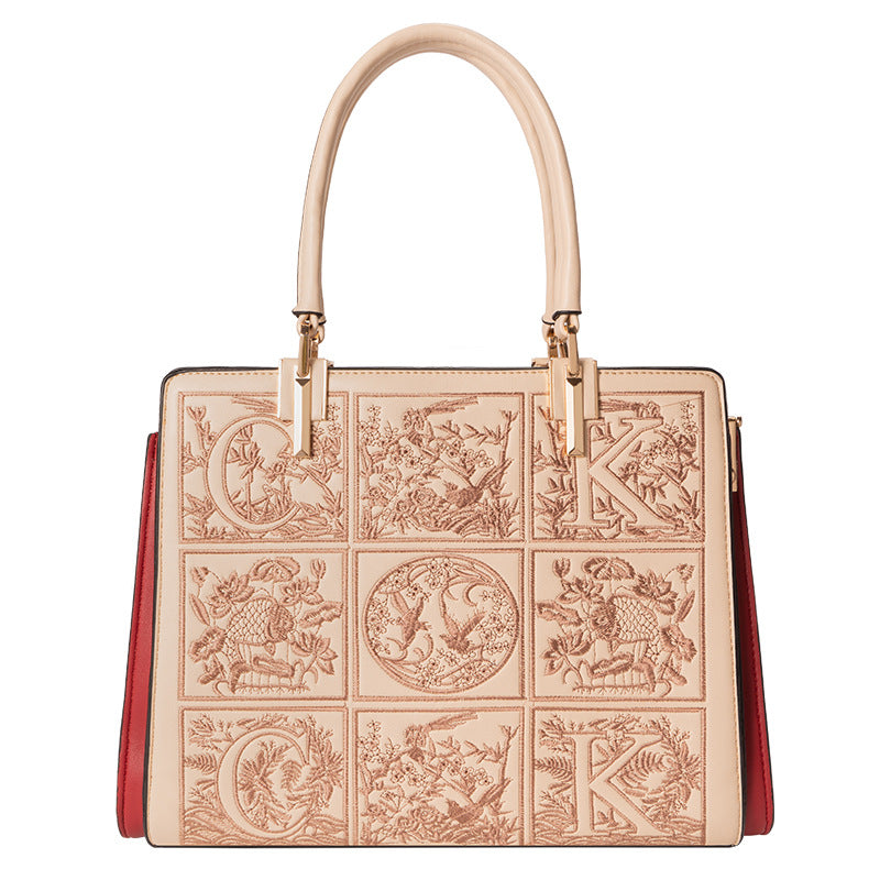 Embroidered Leather Top Handle Handbag