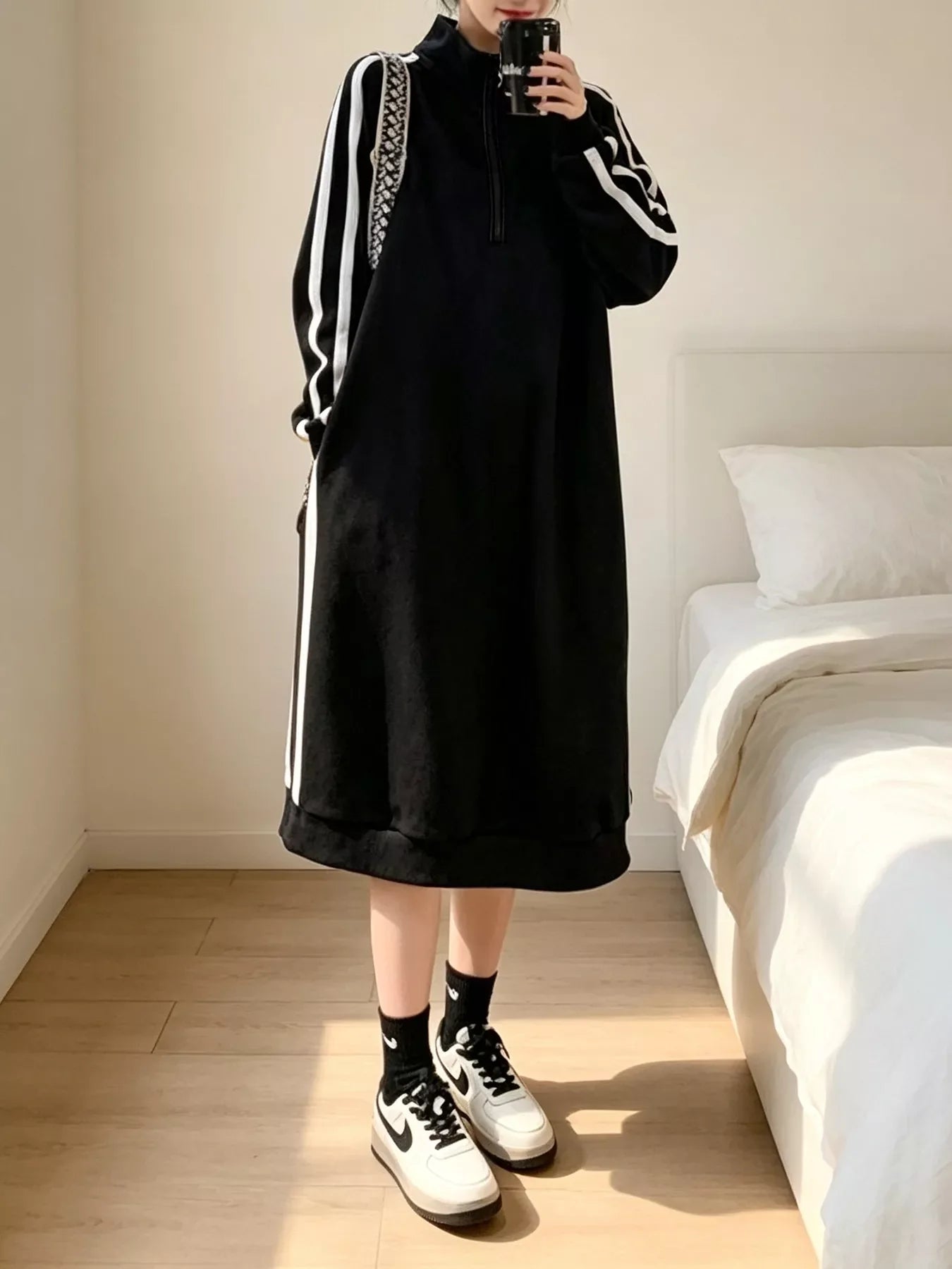 Casual Quarter‑Zip Mock Neck Side Stripe Midi Sweatshirt Dress