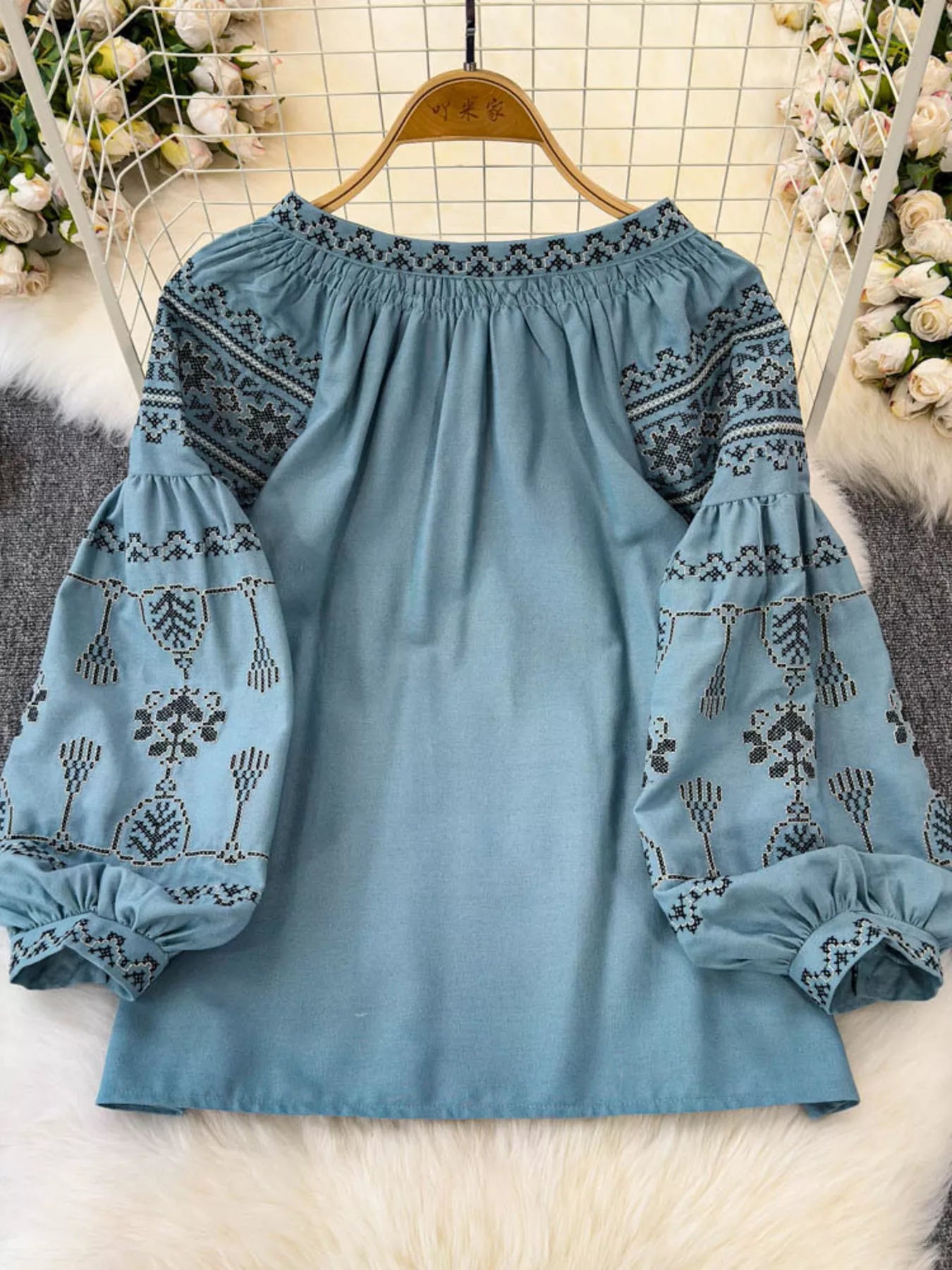 Bohemian Embroidered Blouse with Tassel Tie