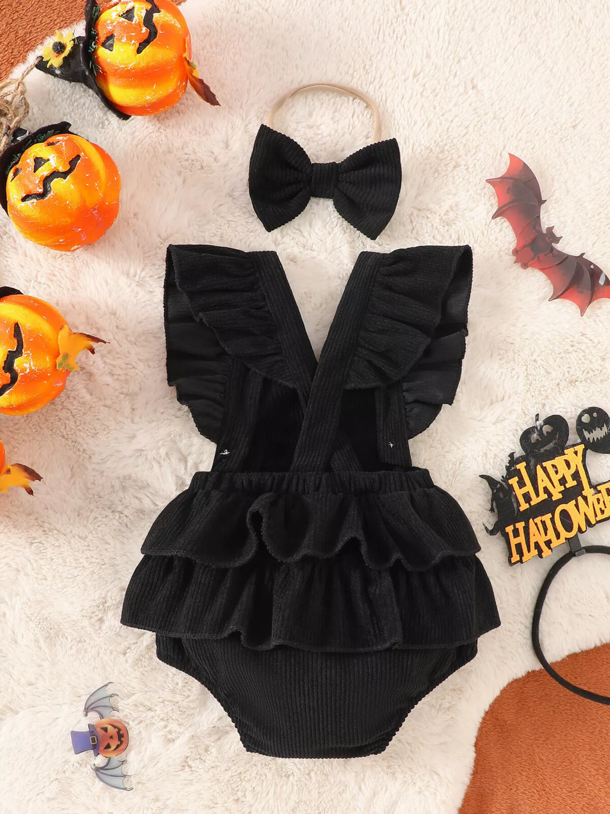 Children's Halloween Skeleton Ruffle Bodysuit and Bow Headband Set