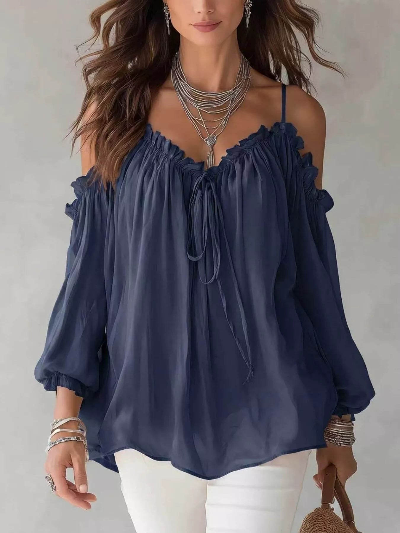 Frill Spaghetti Strap Tie Front Blouse