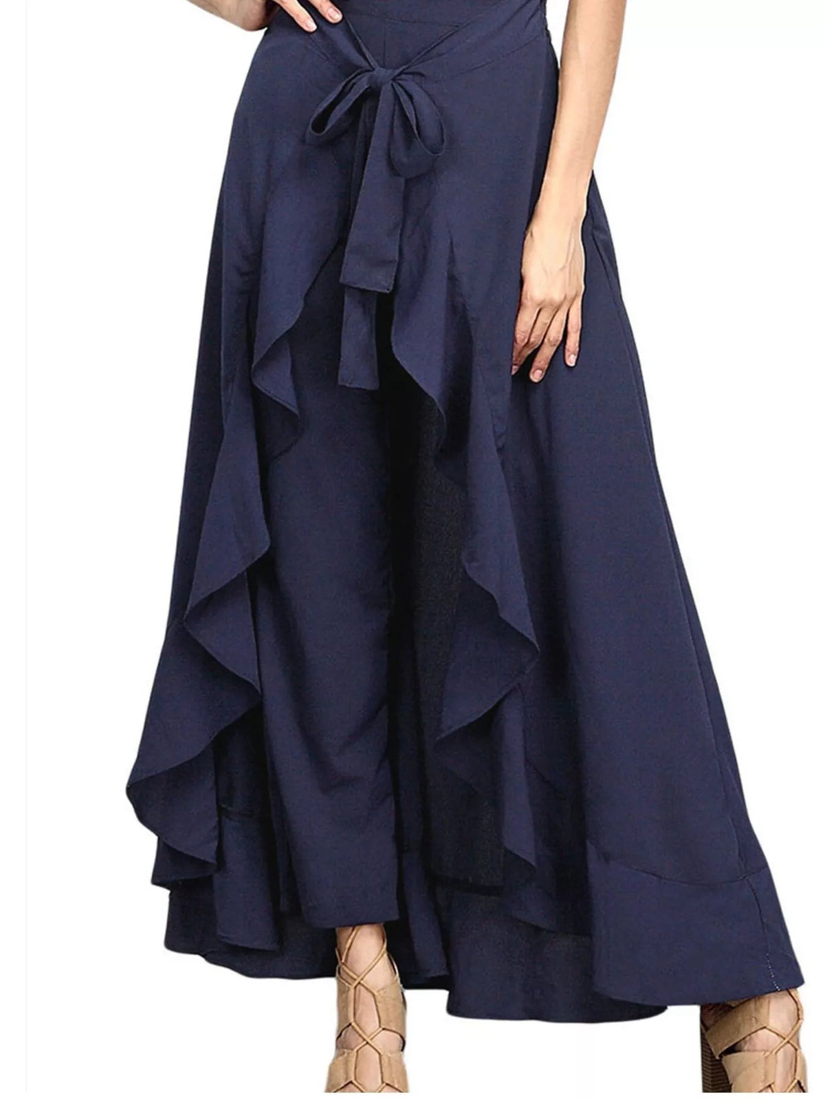 Full Size High-Waisted Tie-Front Ruffled Wide-Leg Pants Plus Size