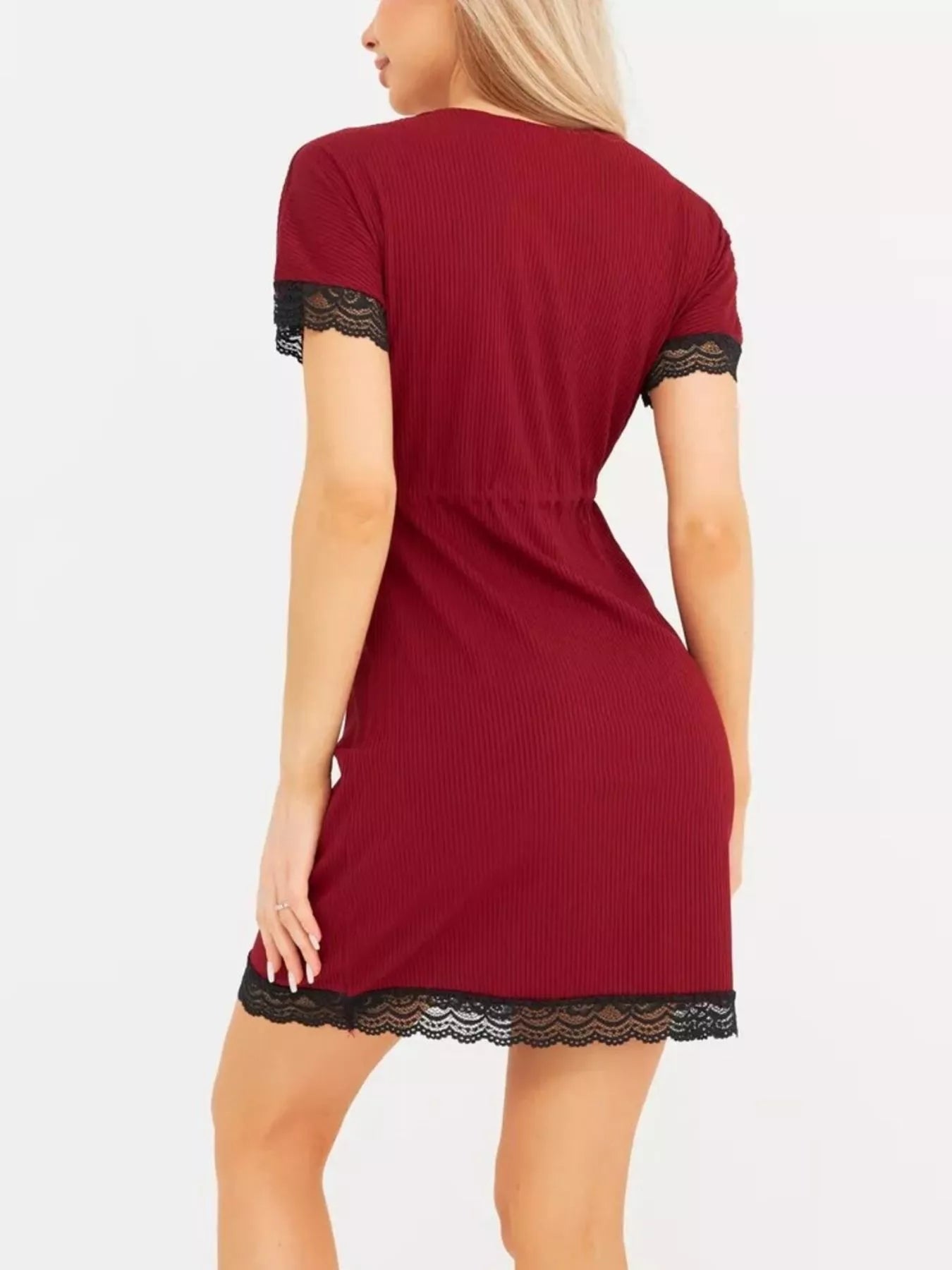 Full Size Ribbed Lace-Trim V-Neck Mini Dress Plus Size