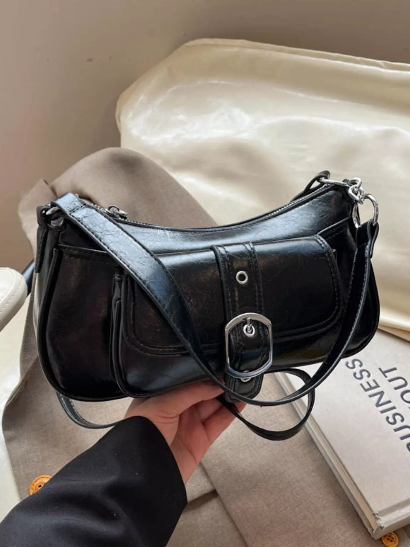 Buckle Detail Faux Leather Crossbody Bag