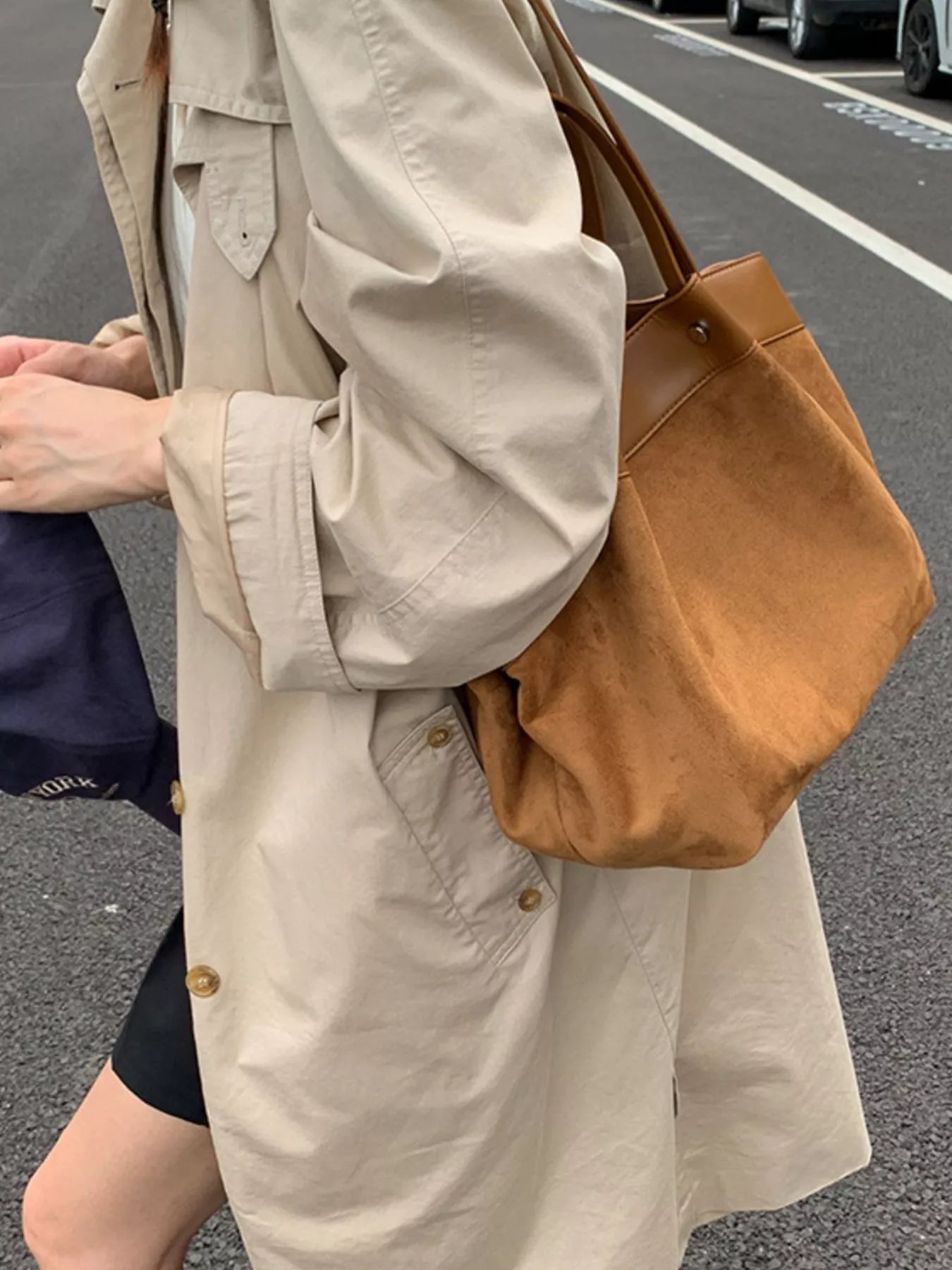 Suede and Leather Trim Shoulder Bag