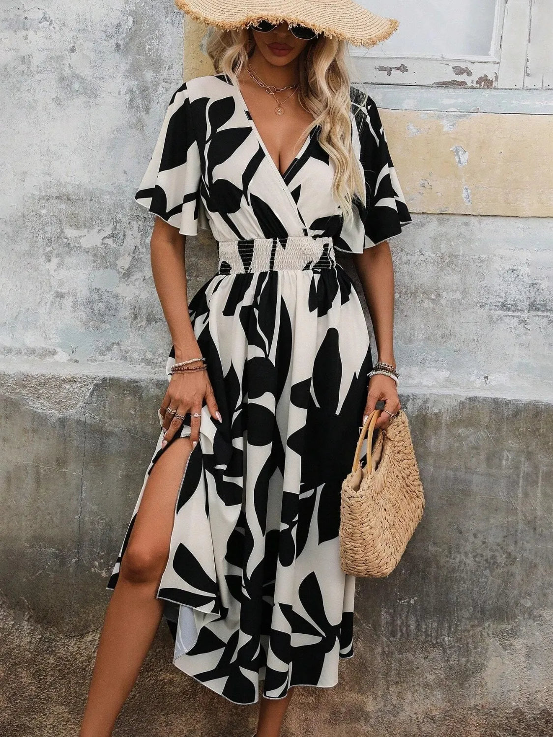 Printed Surplice Short Sleeve Midi Dress