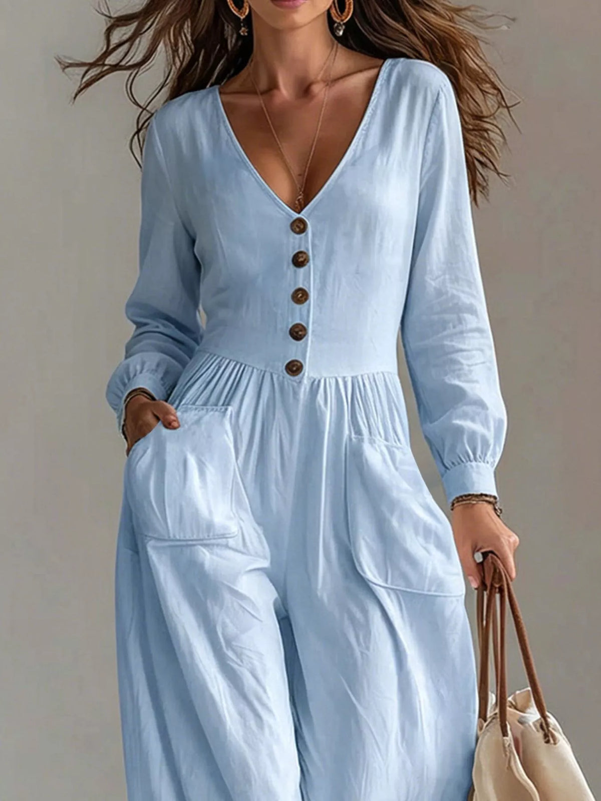 V-Neck Long Sleeve Button-Down Wide Leg Jumpsuit