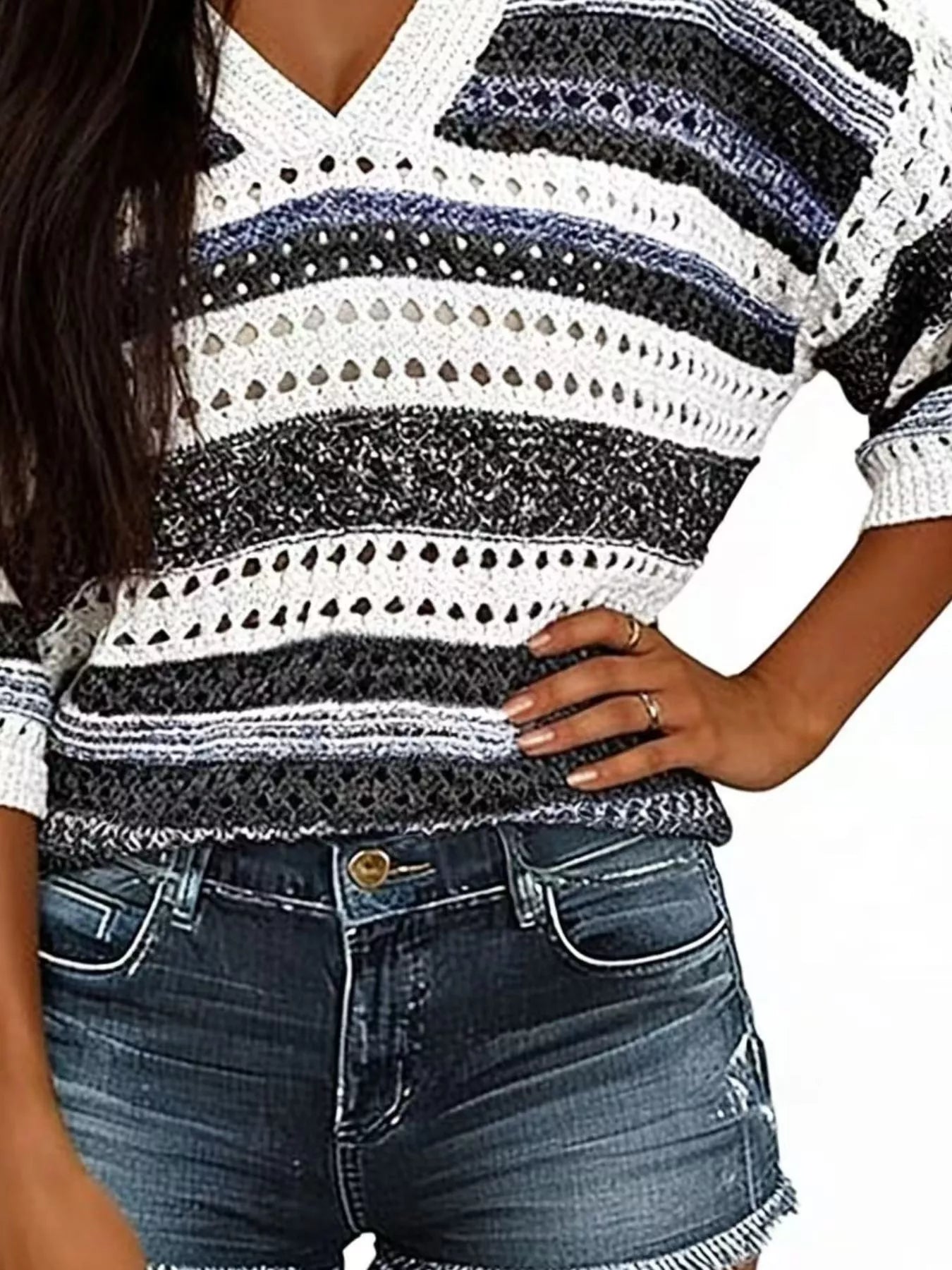 Chic Striped Crochet Knit Top