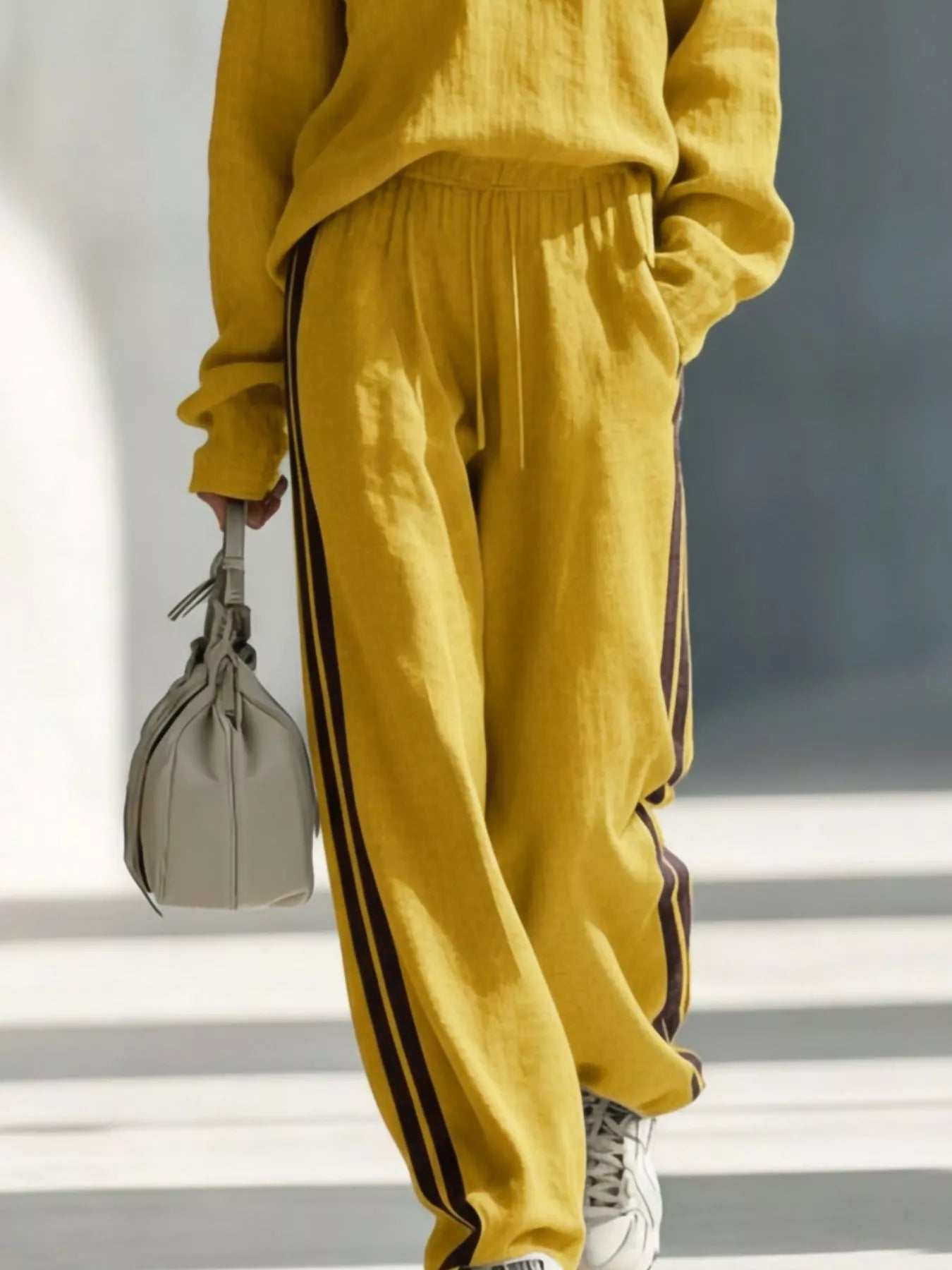 Contrast V-Neck Top and Striped Pants Set