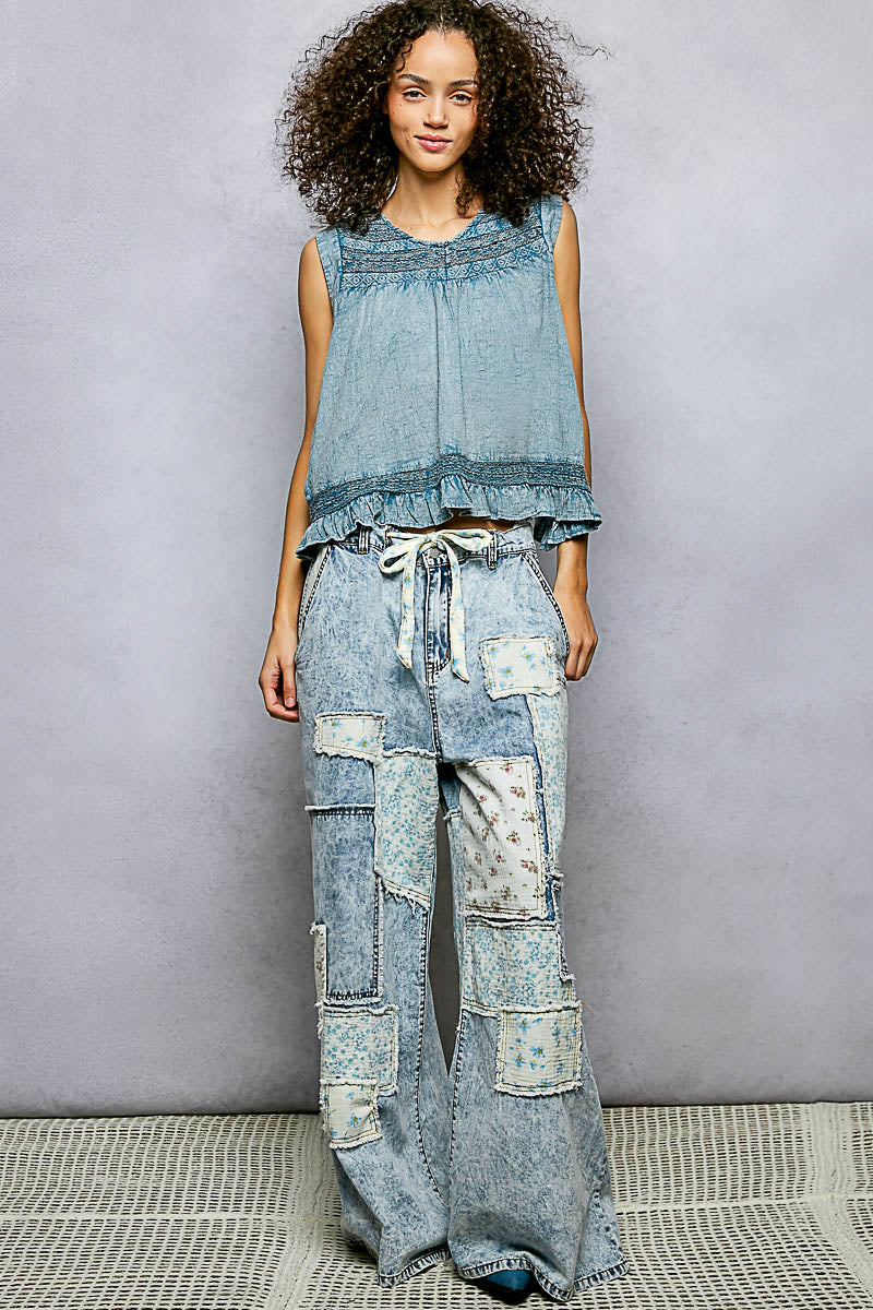 POL Button Closure on Back Ruffled Sleeveless Cotton Blouse with Trim Detail