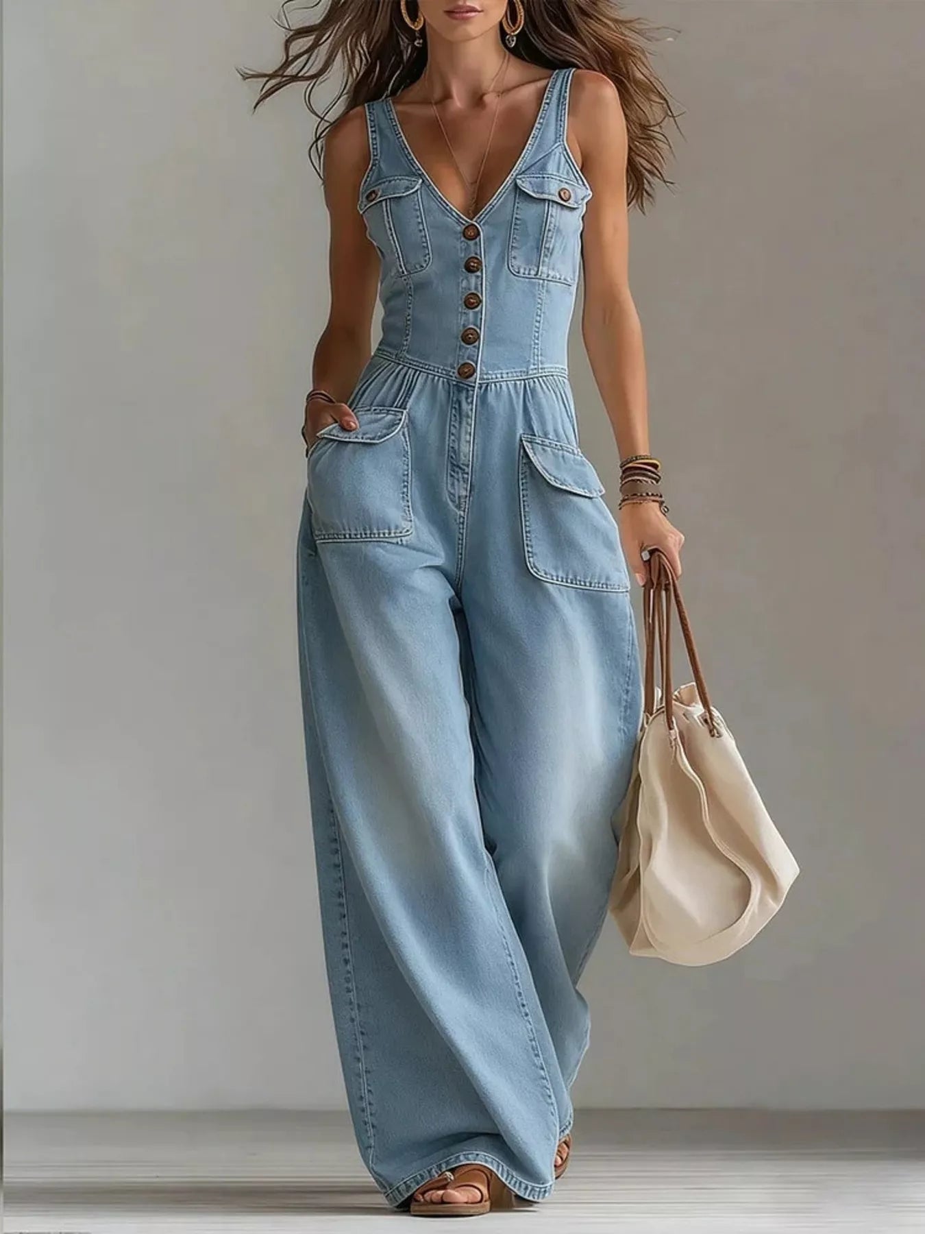 Full Size Button-Front Denim Wide-Leg Jumpsuit with Utility Pockets Plus Size