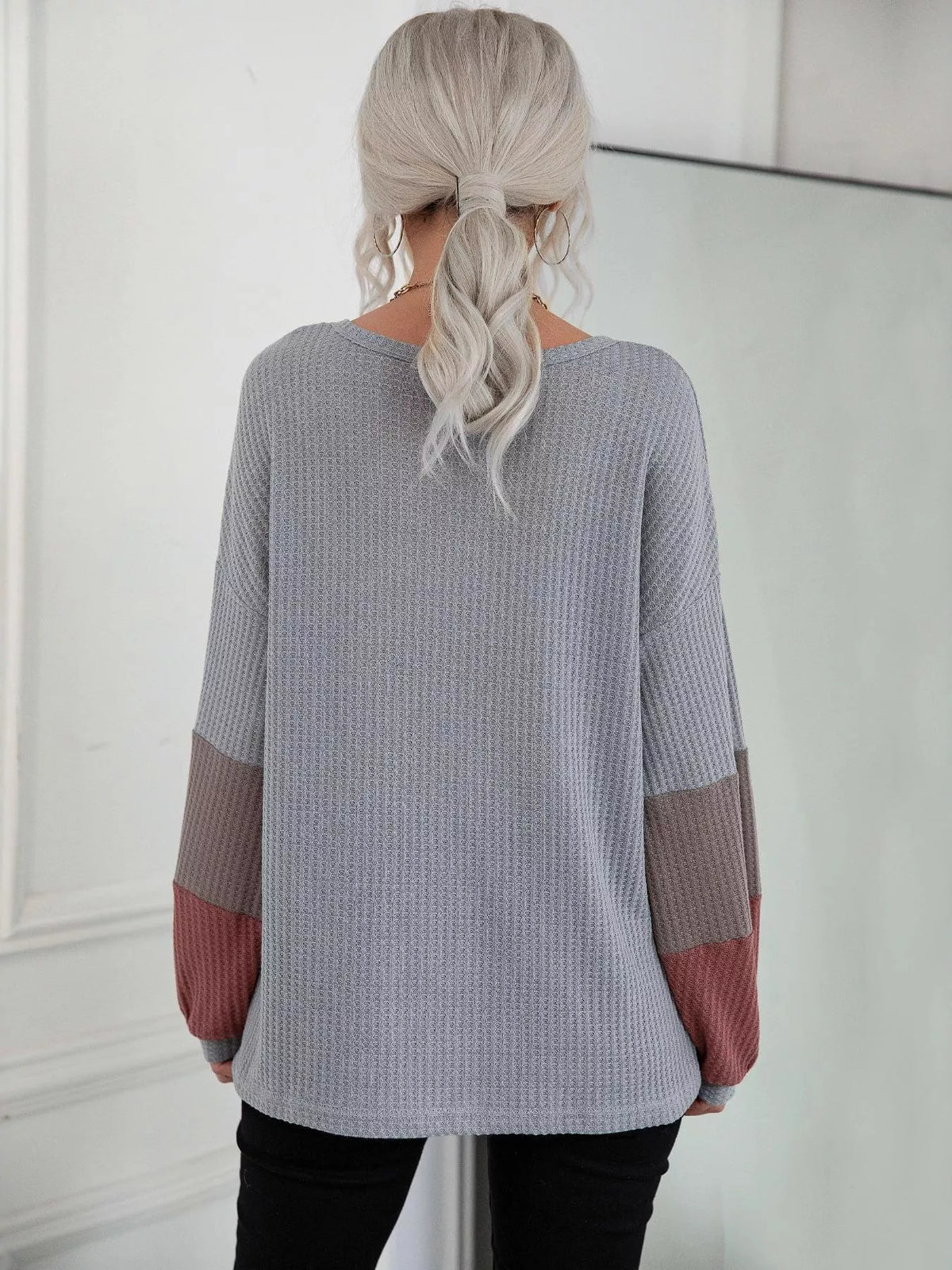 V-Neck Waffle Knit Long Sleeve T-Shirt