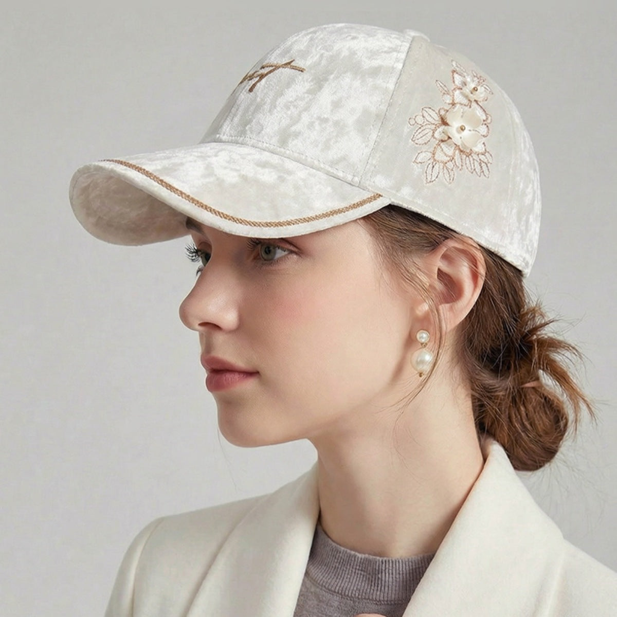 Velvet Baseball Cap with Floral Embellishments