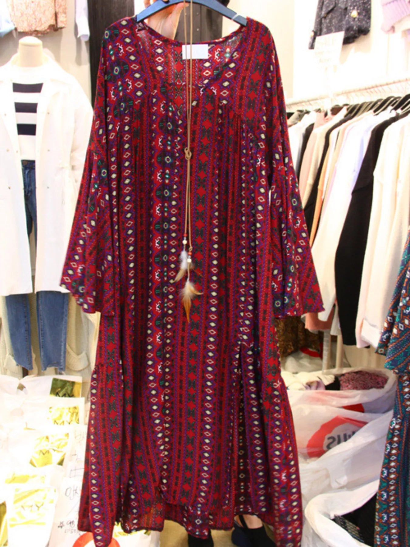 Bohemian Print Midi Dress with Side Slits