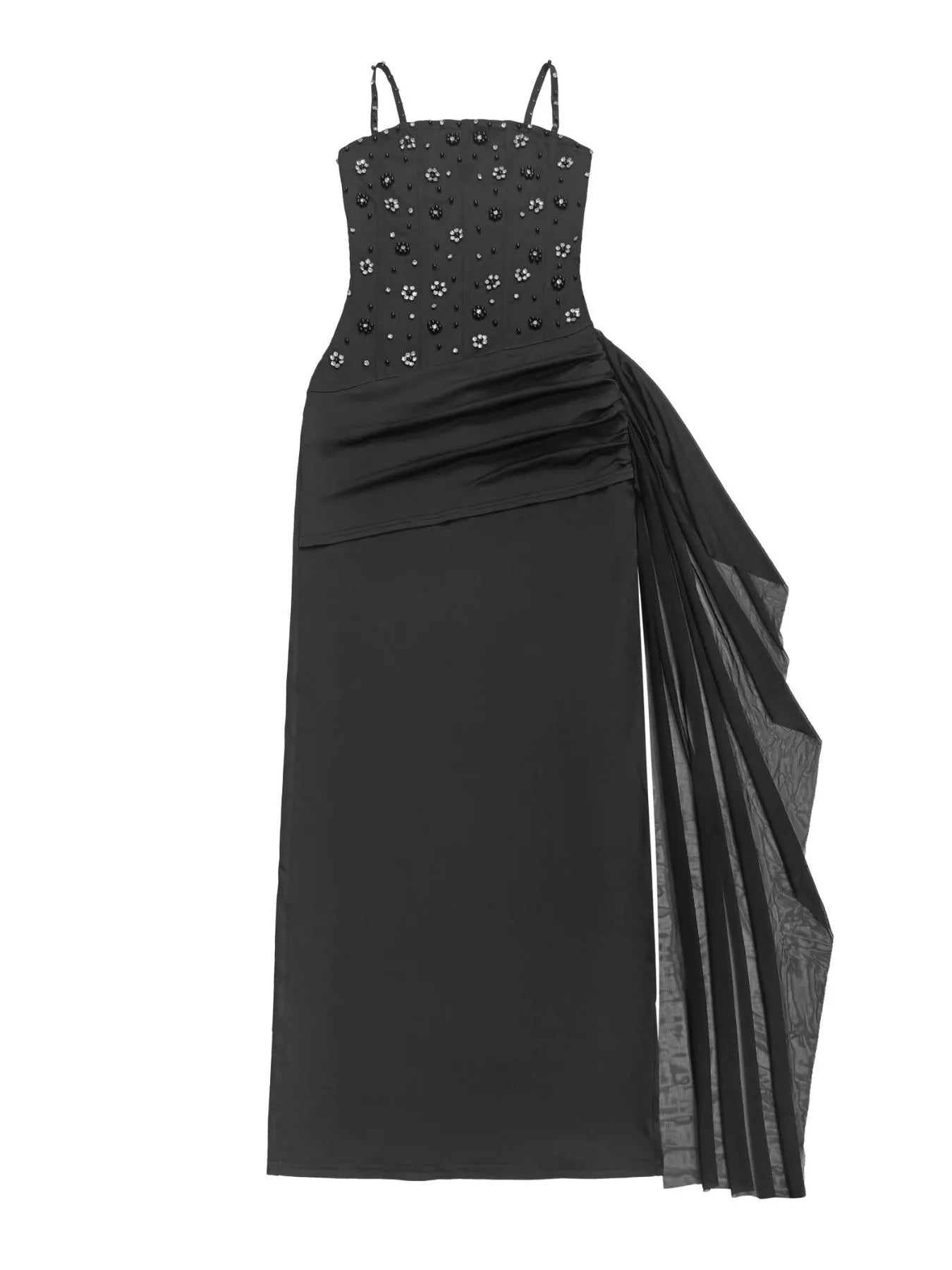 Rhinestone Slit Maxi Dress with Draping Detail