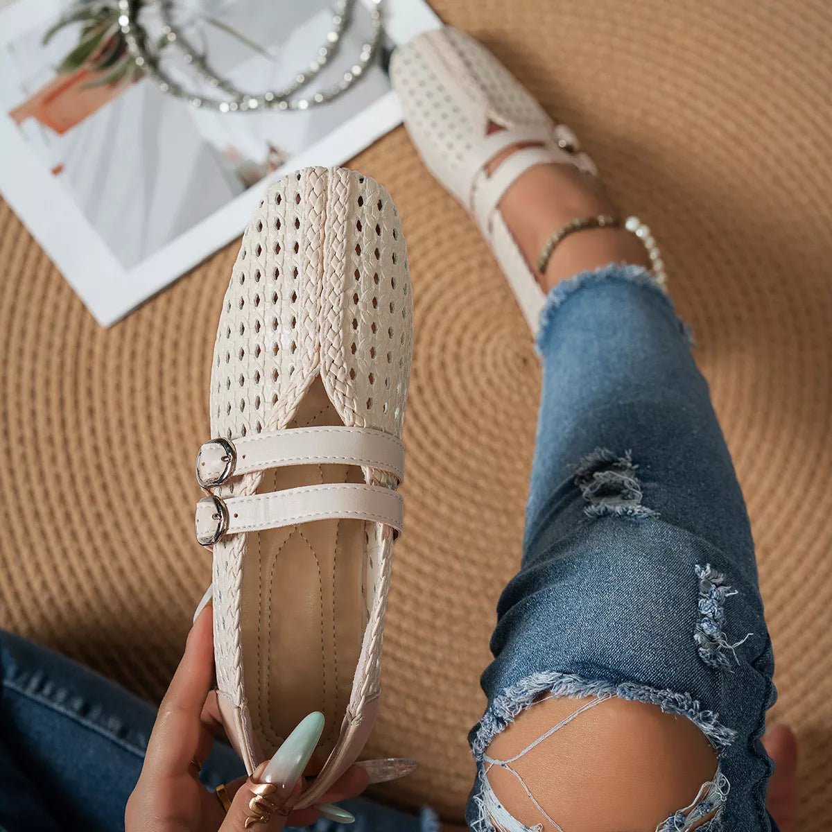 Woven Hollow-Out Slip-Ons