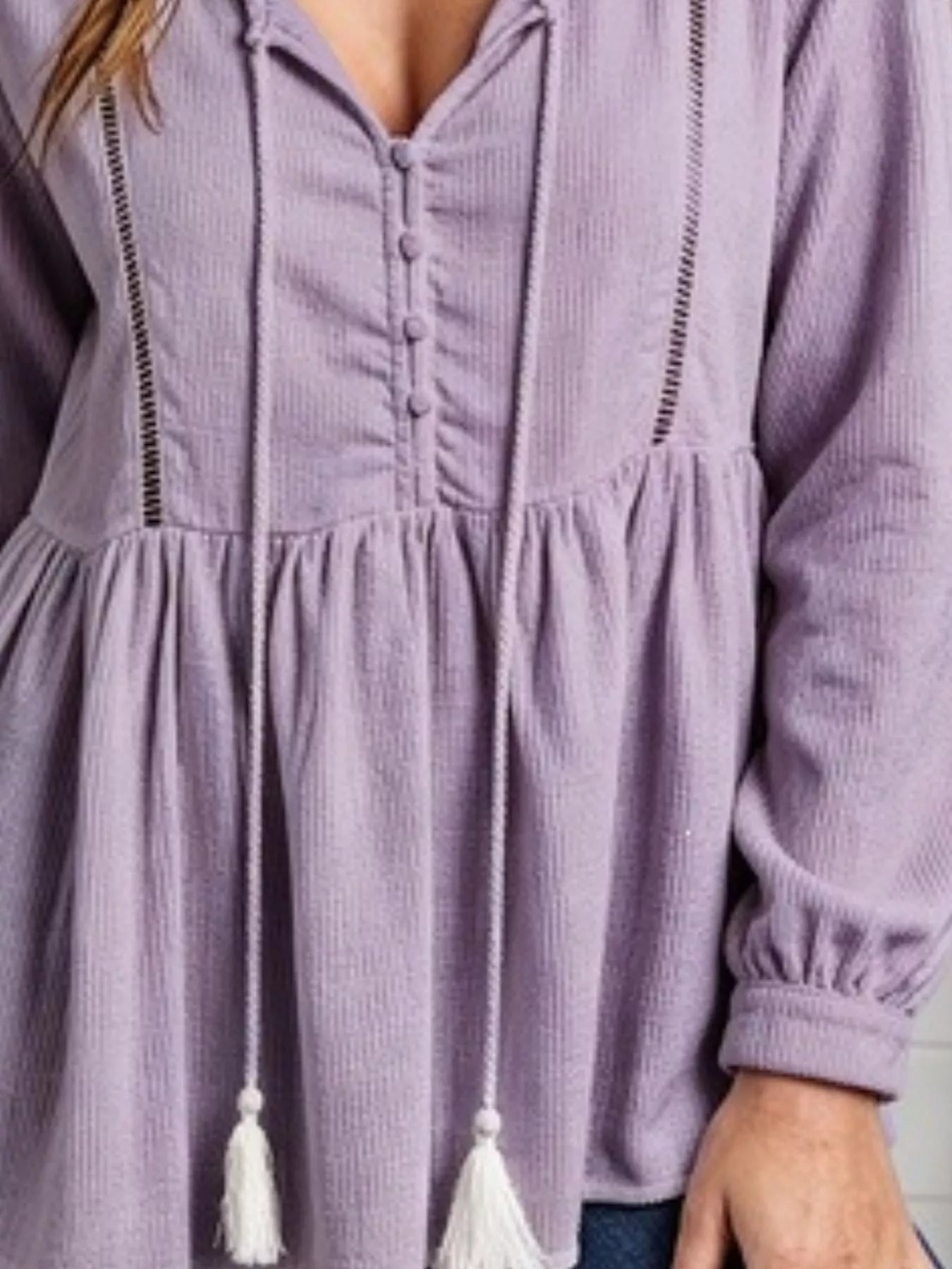 Tassel Drawstring Long Sleeve Peplum Top