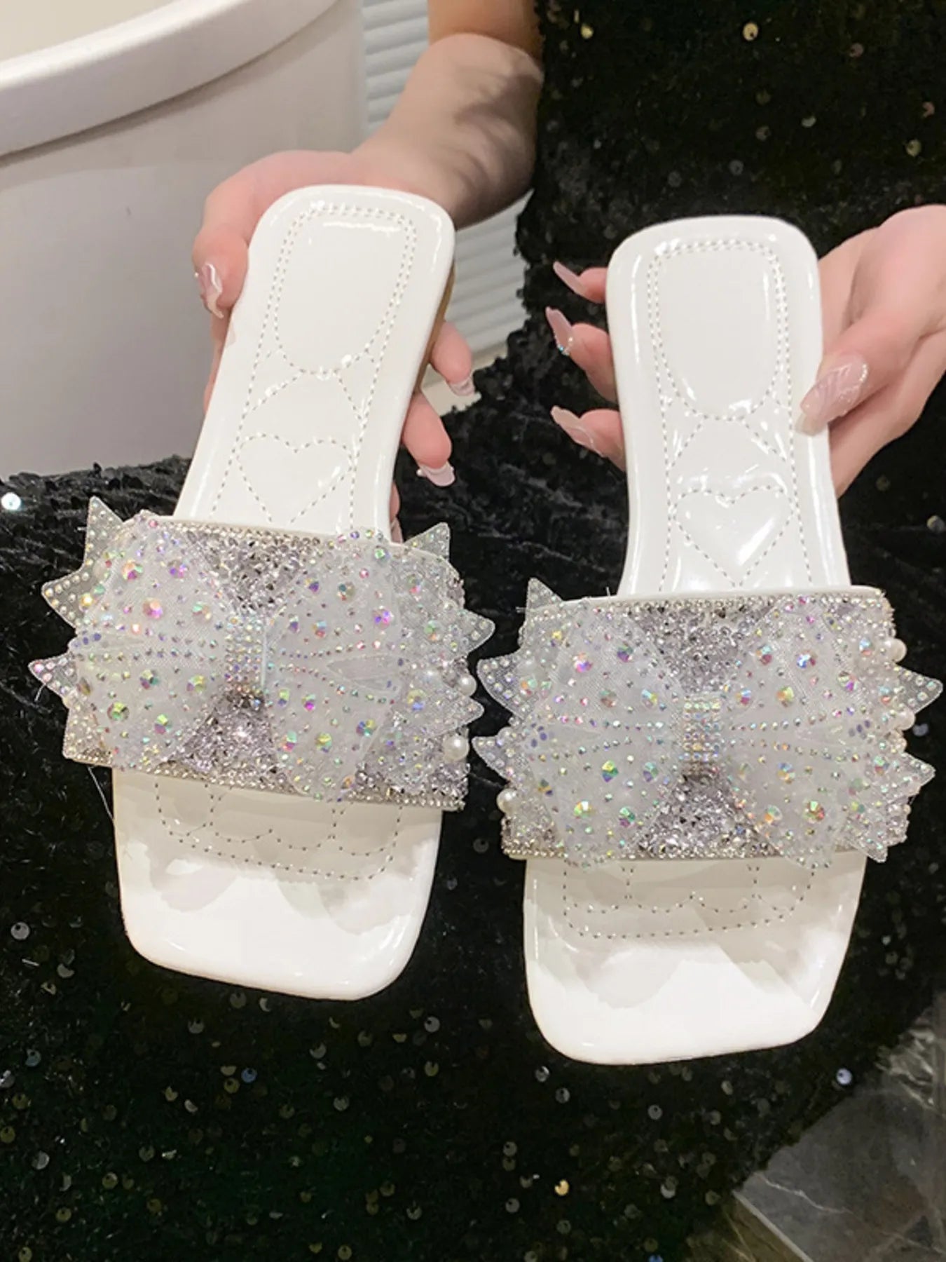 Rhinestone Embellished Flats Slip-On Sandals