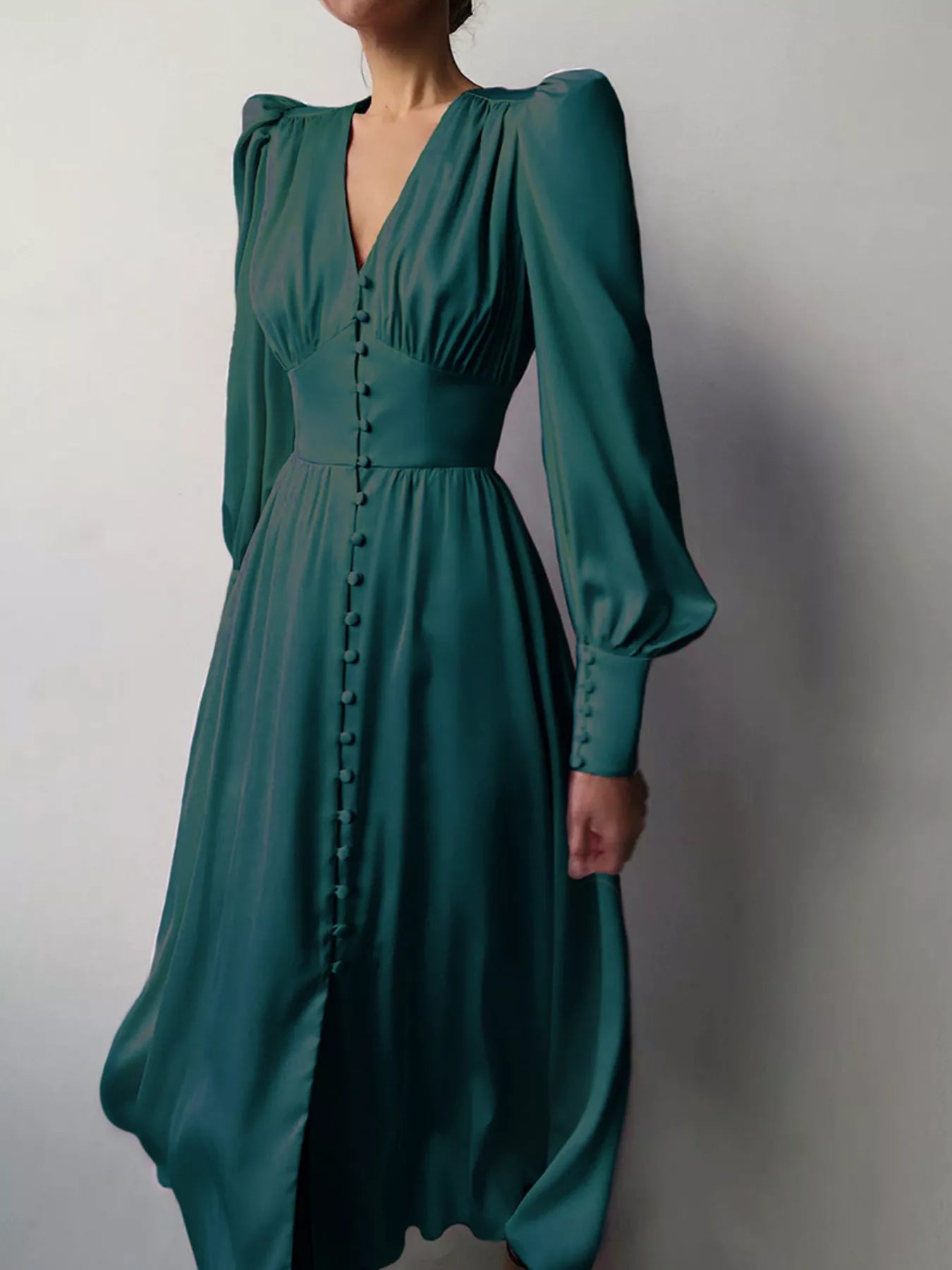 Elegant V-Neck Puff Sleeve Button-Down Midi Dress