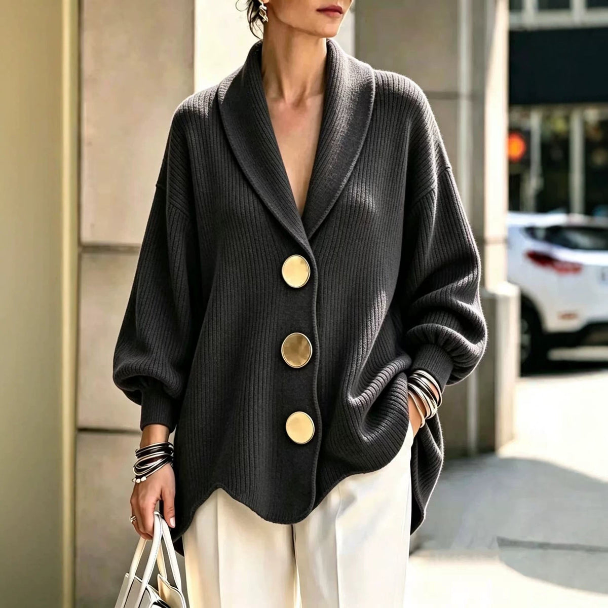 Women's Corduroy Long-Sleeve Top with Metal Buttons