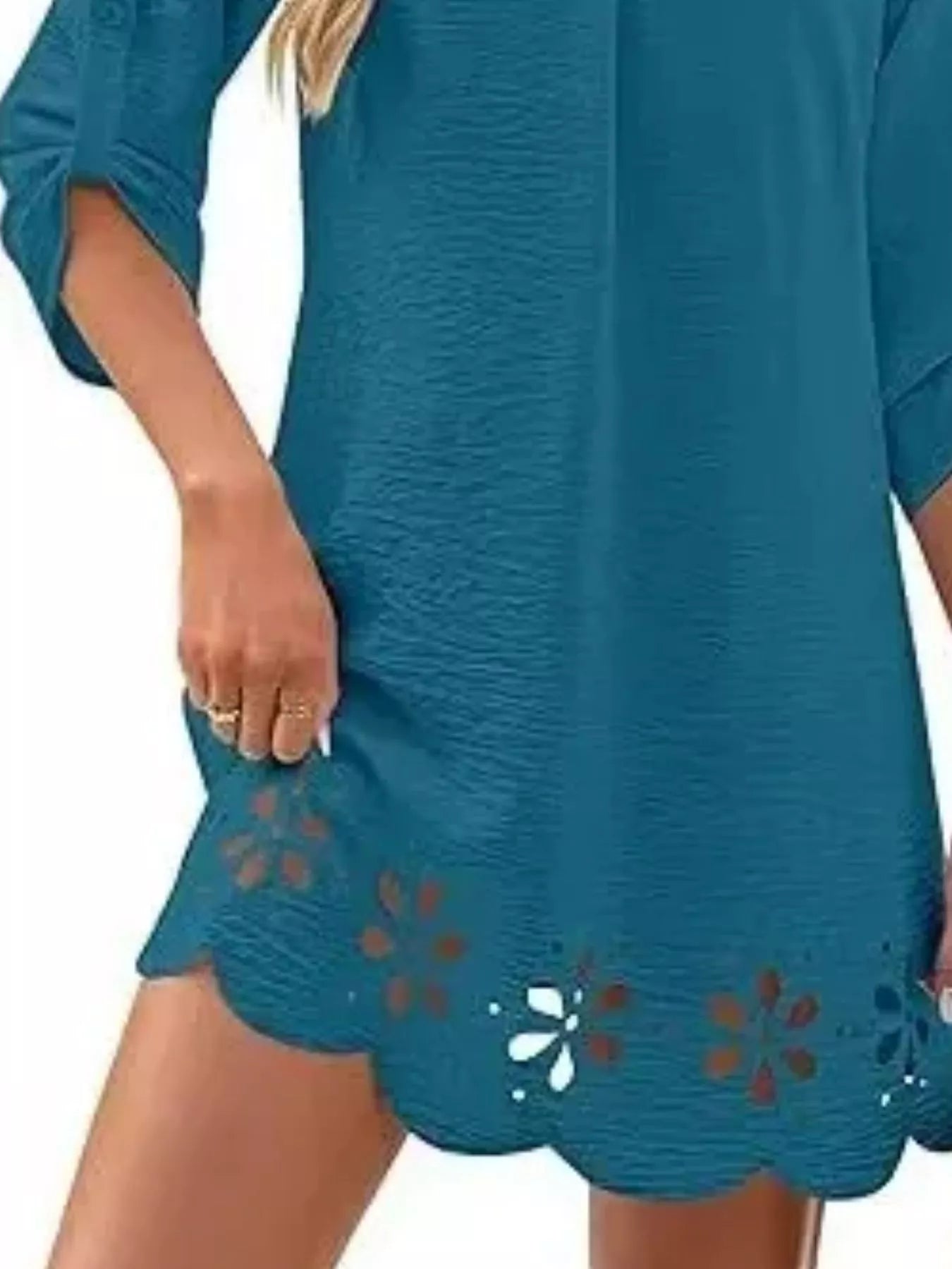 Scalloped Eyelet Hem Roll-Up Sleeve Dress