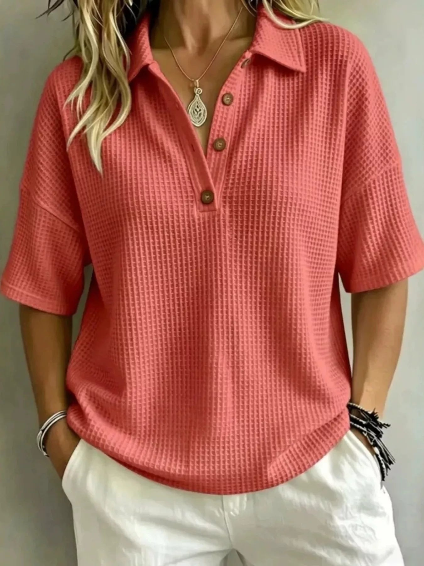 Full Size Waffle Knit Polo Top with Button Detail Plus Size
