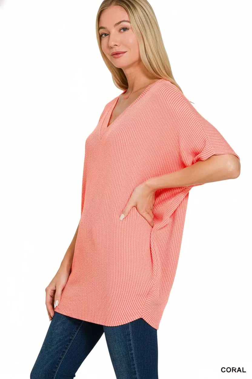 Zenana Raised Rib V-Neck Batwing Top