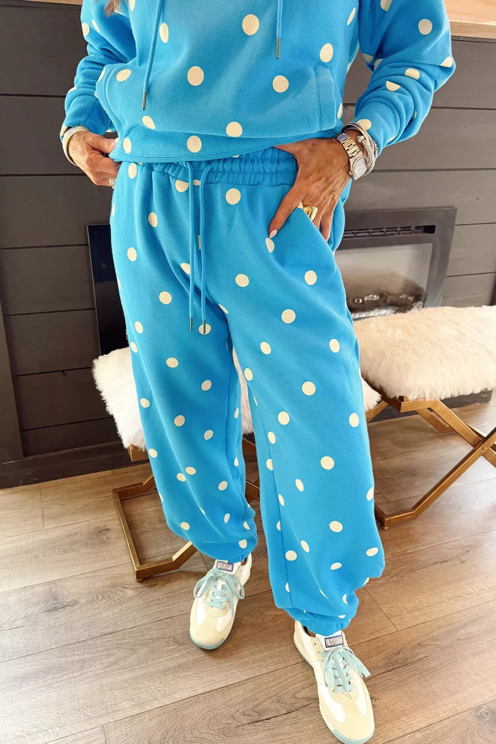 Plus Size Polka Dot Hooded Drawstring Long Sleeve Top and Pants Set