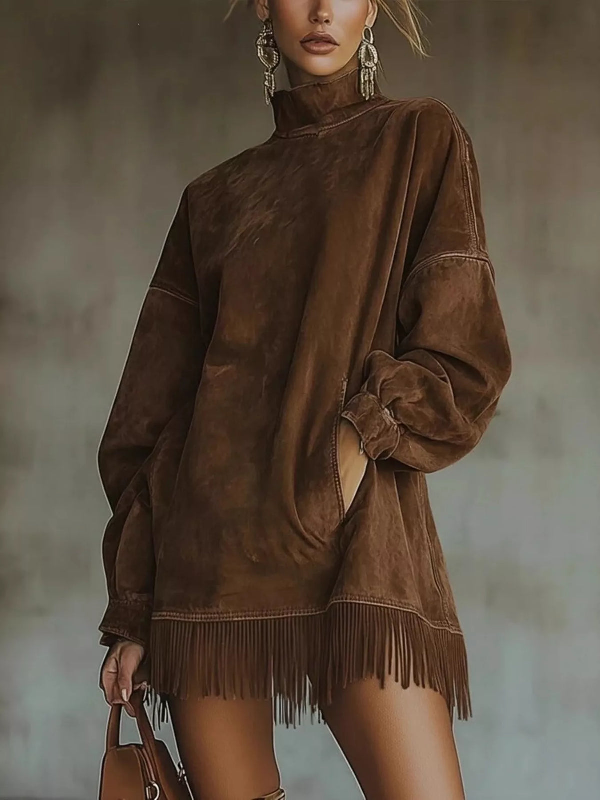 Suede Mock Neck Fringed Mini Dress