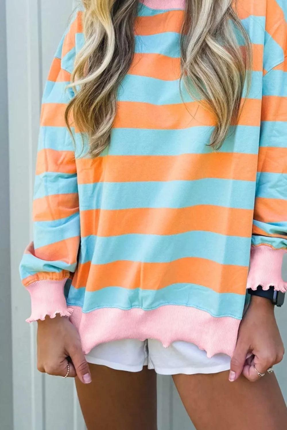 Striped Long Sleeve Top with Lettuce-Edge Cuffs
