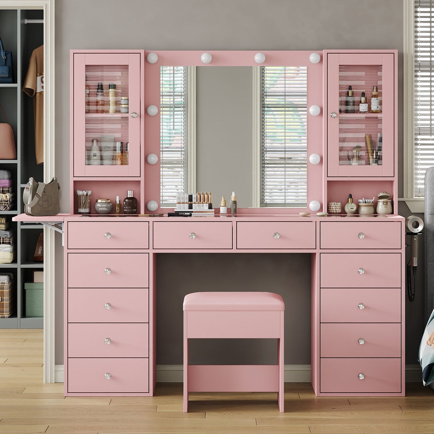 12-Drawer LED Mirror Vanity Desk - Yanosaku