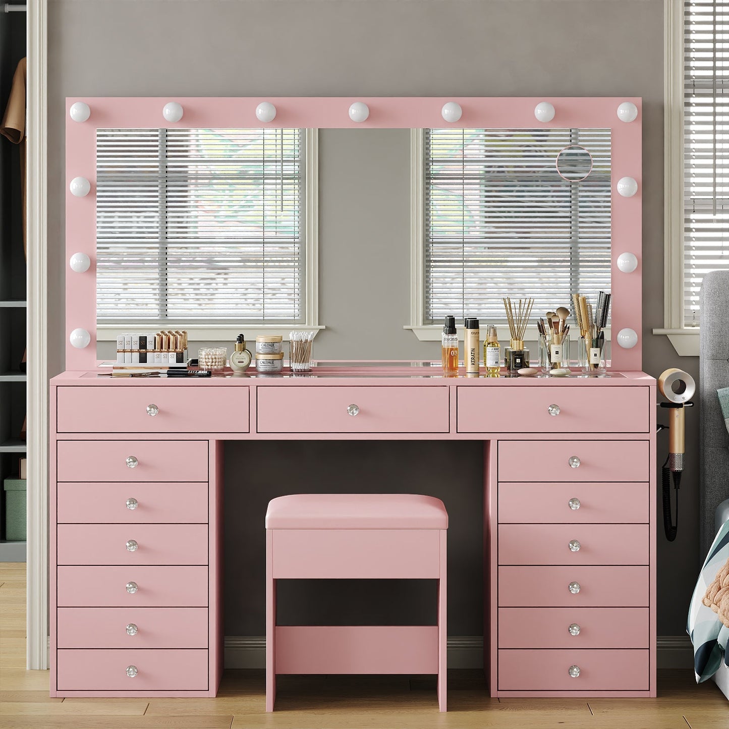 15-Drawer LED Mirror Vanity Desk - Yanosaku