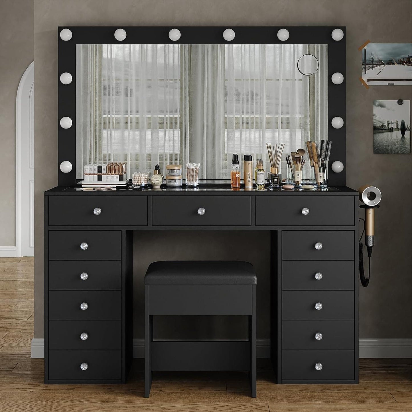 13-Drawer LED Mirror Vanity Desk - Yanosaku