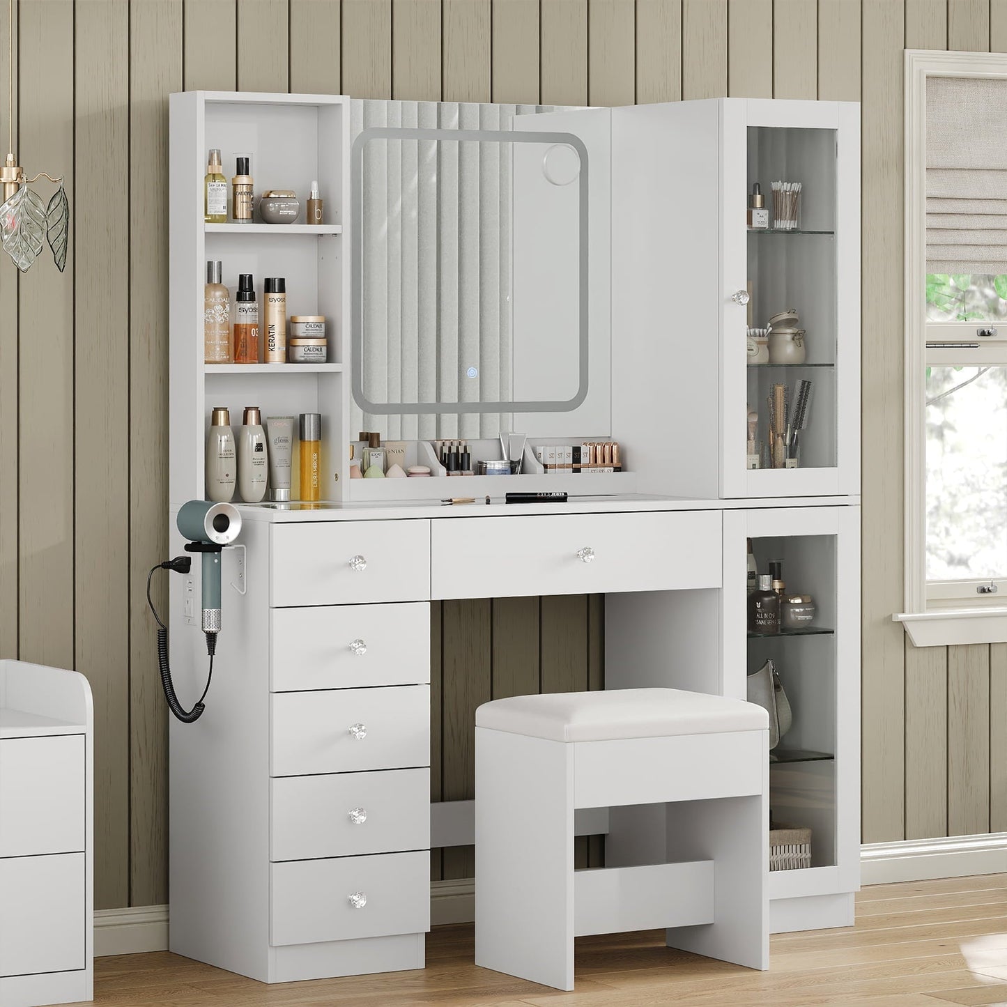 6-Drawer Mirror Vanity Desk - Yanosaku