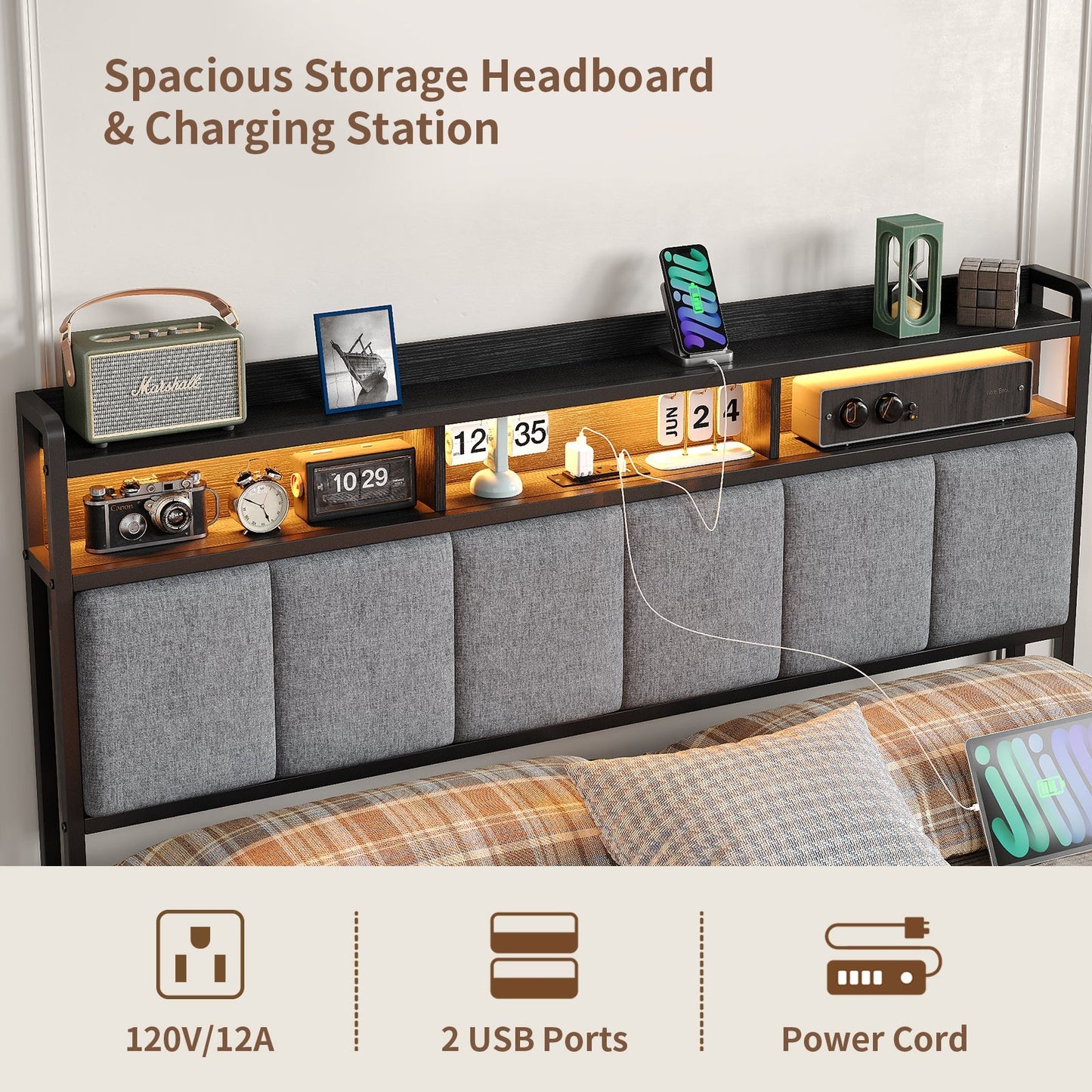 Full RGB LED Bed Frame with RGB LED, USB Charging, Storage Drawers, No Box Spring Needed Black - Vektaya
