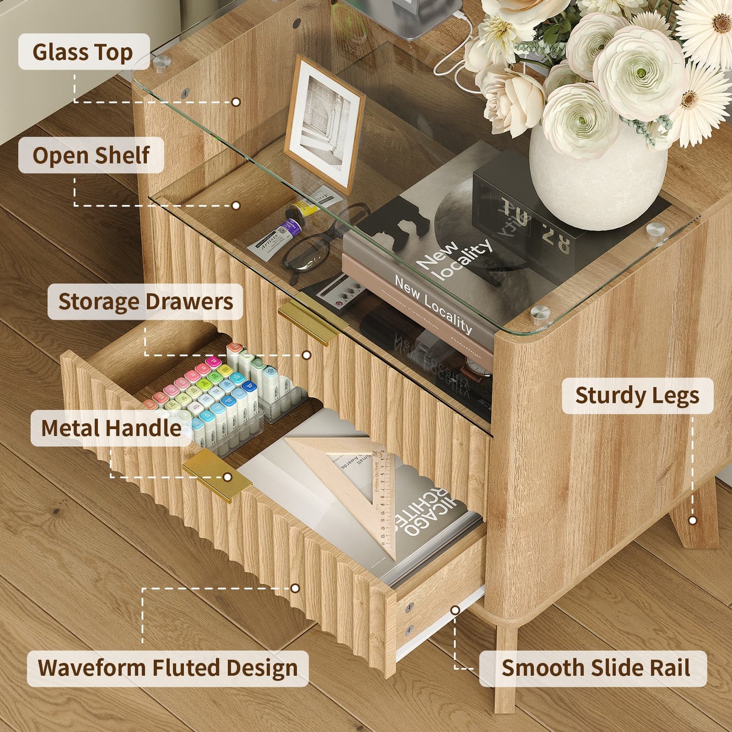 23" Fluted LED Nightstand with Charging Station, Drawers, Oak - Vektaya